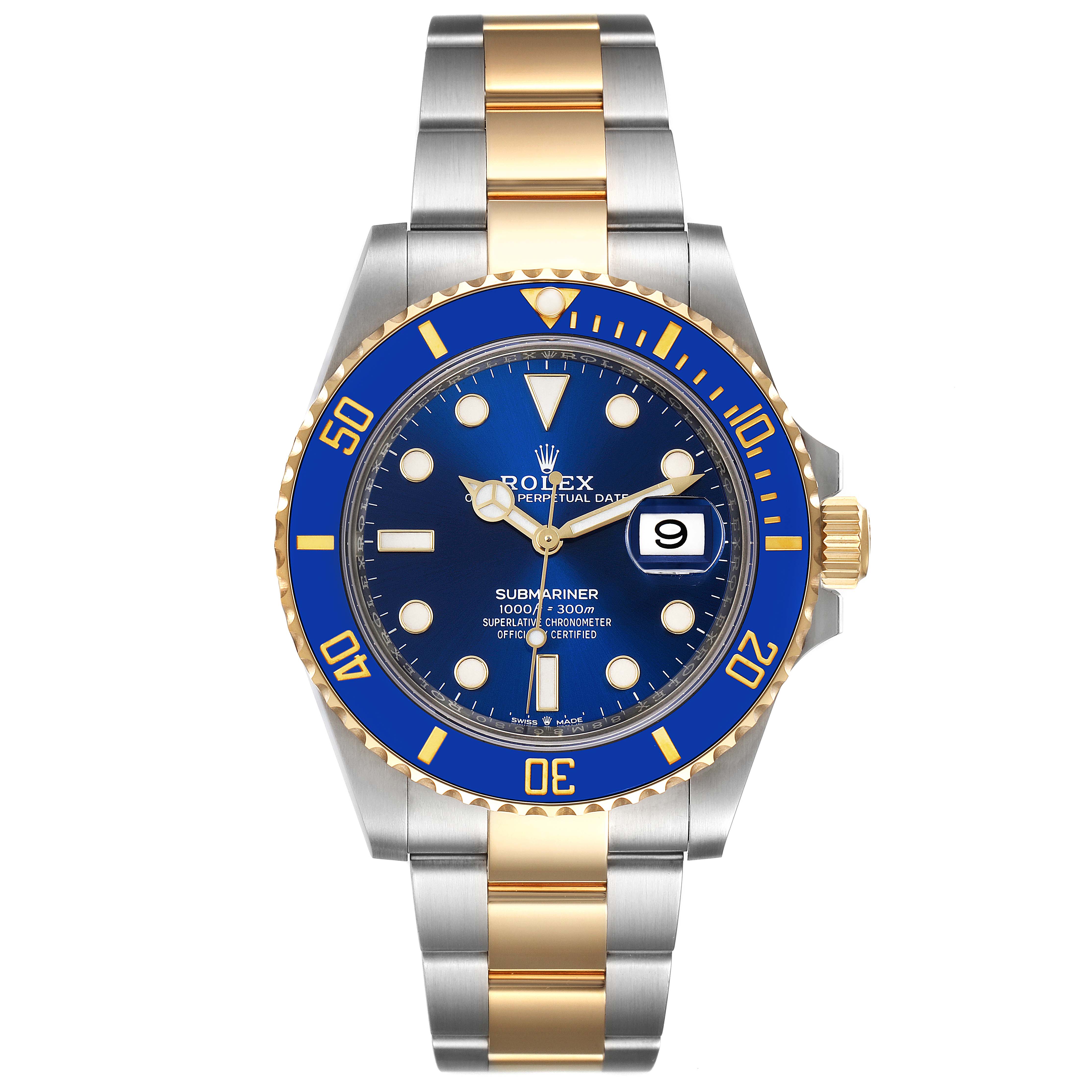 This image shows a front view of the Rolex Submariner 126613LB Men's Steel and Gold (two tone) Blue Dial 126613LB Men's Steel and Gold (two tone) Blue Dial, displaying the face, bezel, case, band, and crown.