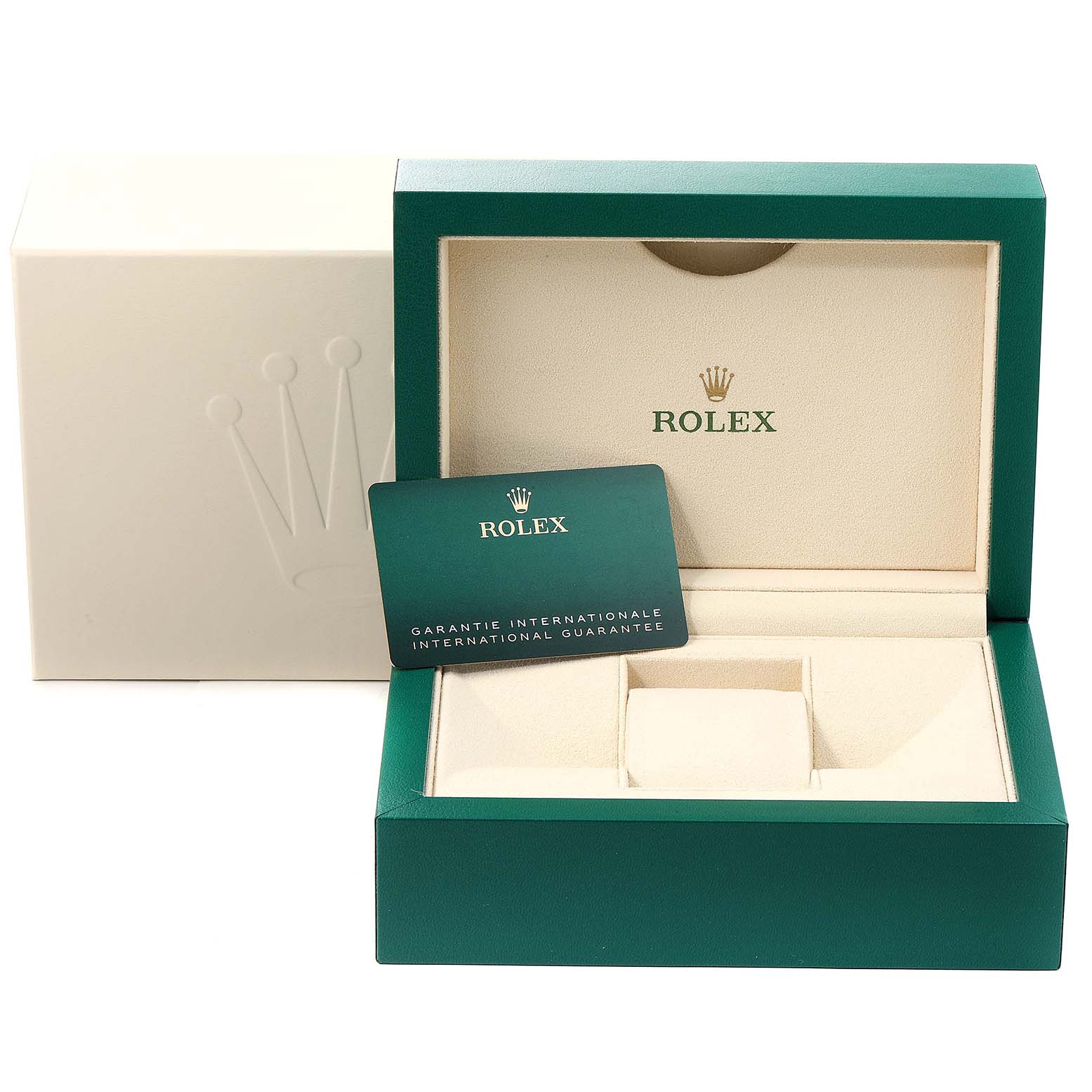 The image shows a green Rolex watch box and an international guarantee card for the Rolex Submariner 126613LB Men's Steel and Gold (two tone) Blue Dial 126613LB Men's Steel and Gold (two tone) Blue Dial model.
