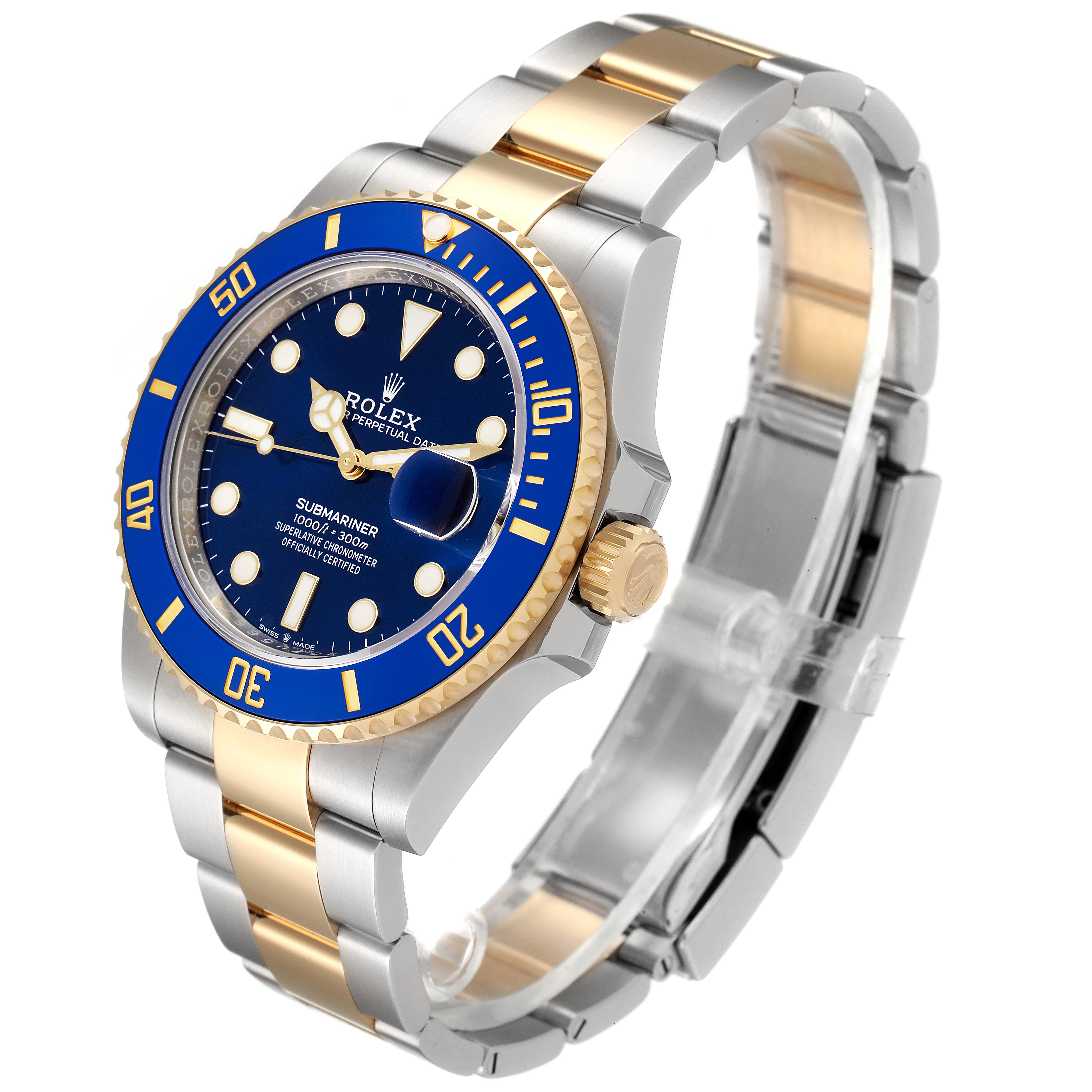 The image shows a Rolex Submariner 126613LB Men's Steel and Gold (two tone) Blue Dial 126613LB Men's Steel and Gold (two tone) Blue Dial watch at an angle highlighting its face, bezel, crown, and metal bracelet.