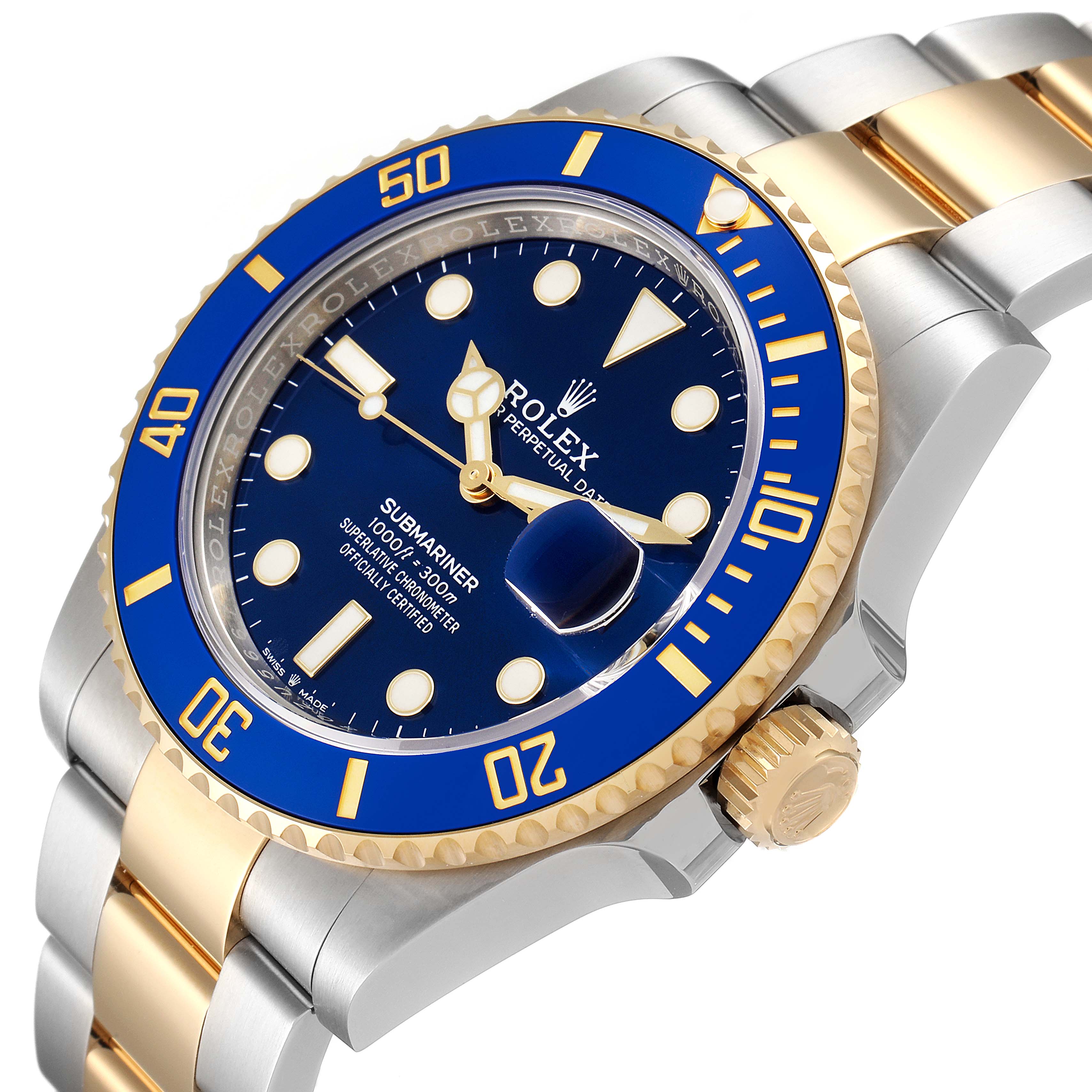 The image shows a side view of the Rolex Submariner 126613LB Men's Steel and Gold (two tone) Blue Dial 126613LB Men's Steel and Gold (two tone) Blue Dial watch, highlighting its blue bezel, dial, and gold and silver bracelet.