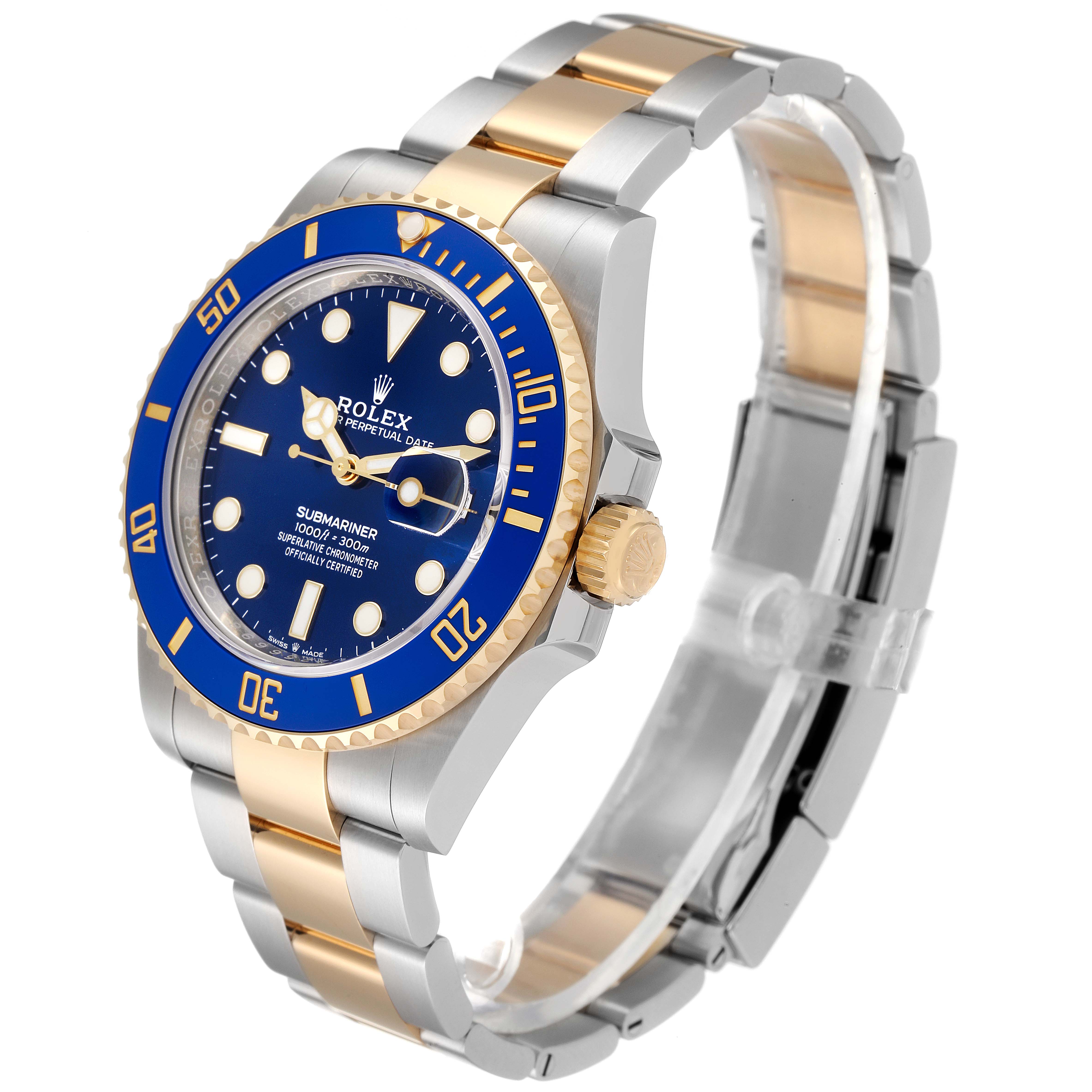 The image shows a side and front angle of the Rolex Submariner 126613LB Men's Steel and Gold (two tone) Blue Dial 126613LB Men's Steel and Gold (two tone) Blue Dial watch, displaying its blue dial, bezel, and two-tone bracelet.