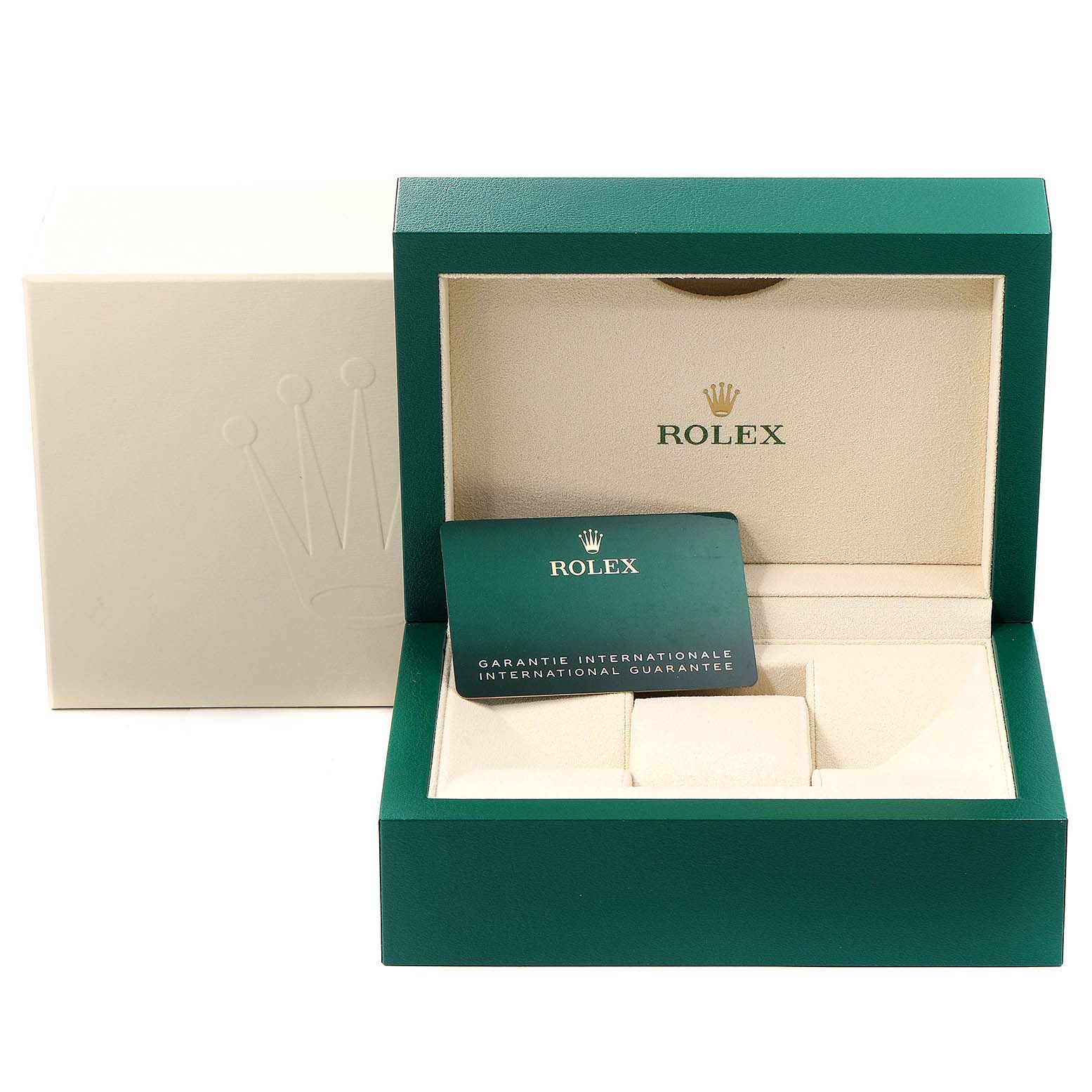 This image shows the box and guarantee card for a Rolex Submariner 126613LB Men's Steel and Gold (two tone) Blue Dial 126613LB Men's Steel and Gold (two tone) Blue Dial watch, with the box open and the card inside.