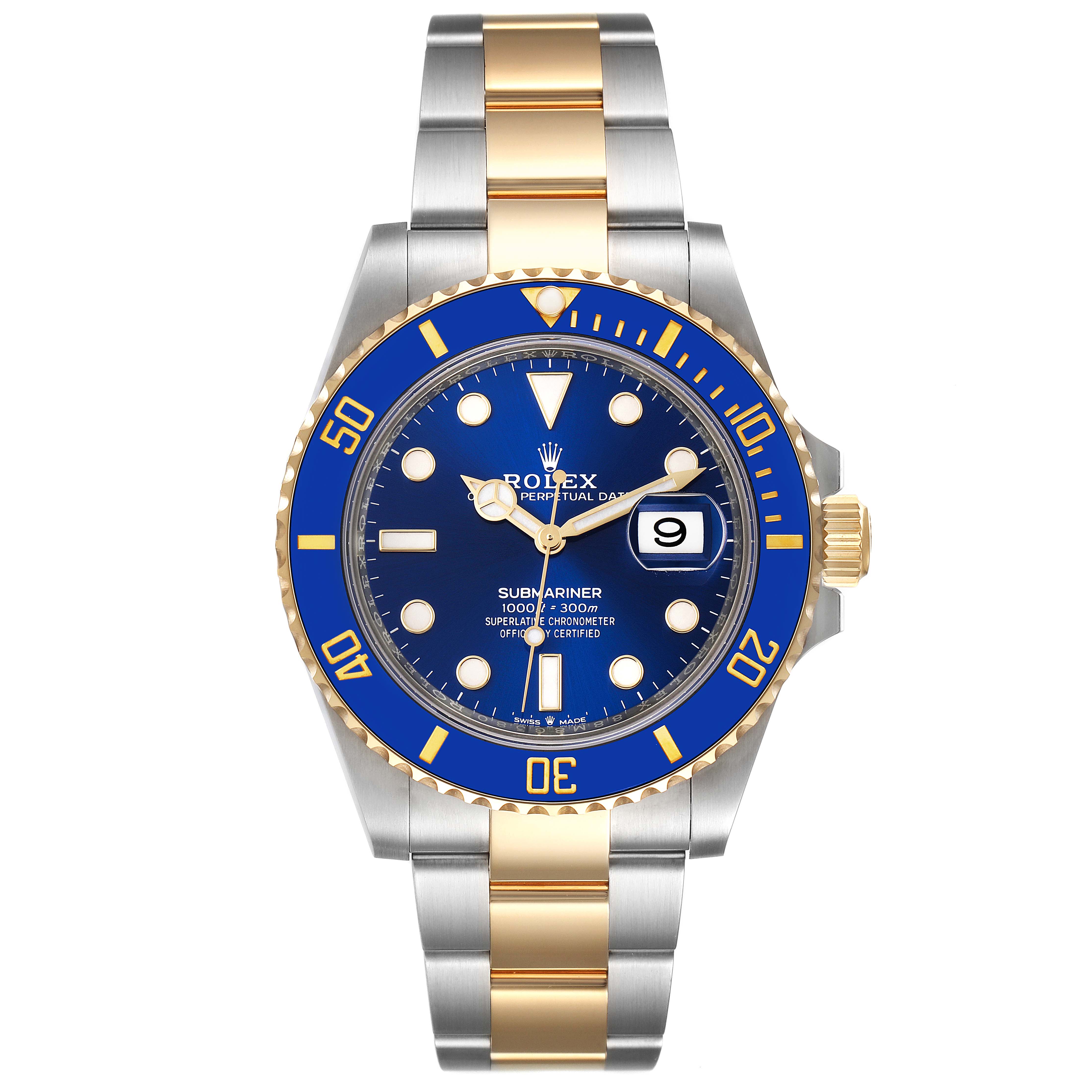 The image shows a front view of a Rolex Submariner 126613LB Men's Steel and Gold (two tone) Blue Dial 126613LB Men's Steel and Gold (two tone) Blue Dial watch, displaying its blue dial, date window, and bi-metal strap.