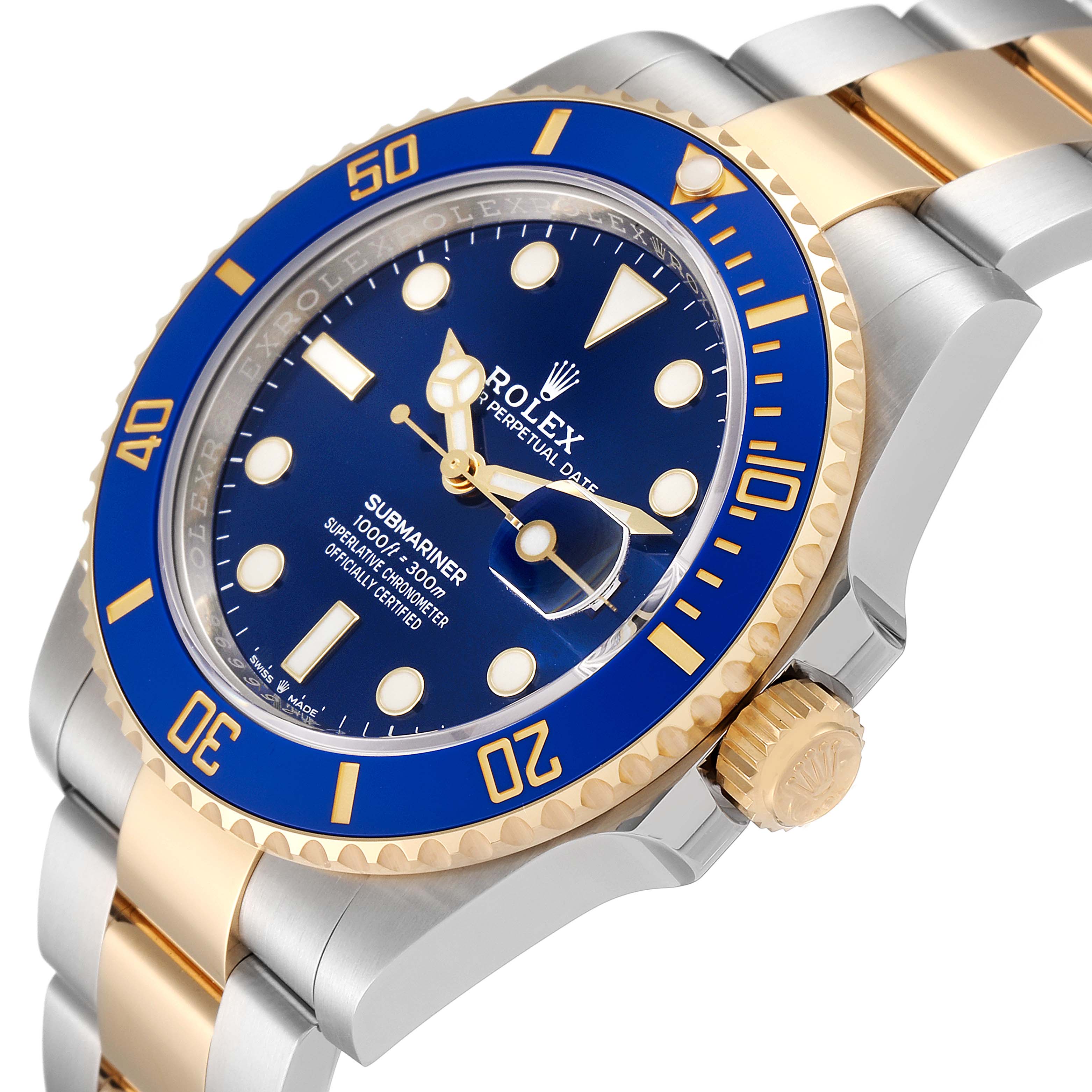 This image shows a side angle of the Rolex Submariner 126613LB Men's Steel and Gold (two tone) Blue Dial 126613LB Men's Steel and Gold (two tone) Blue Dial watch, highlighting its blue dial, bezel, and gold accents on the bracelet and crown.