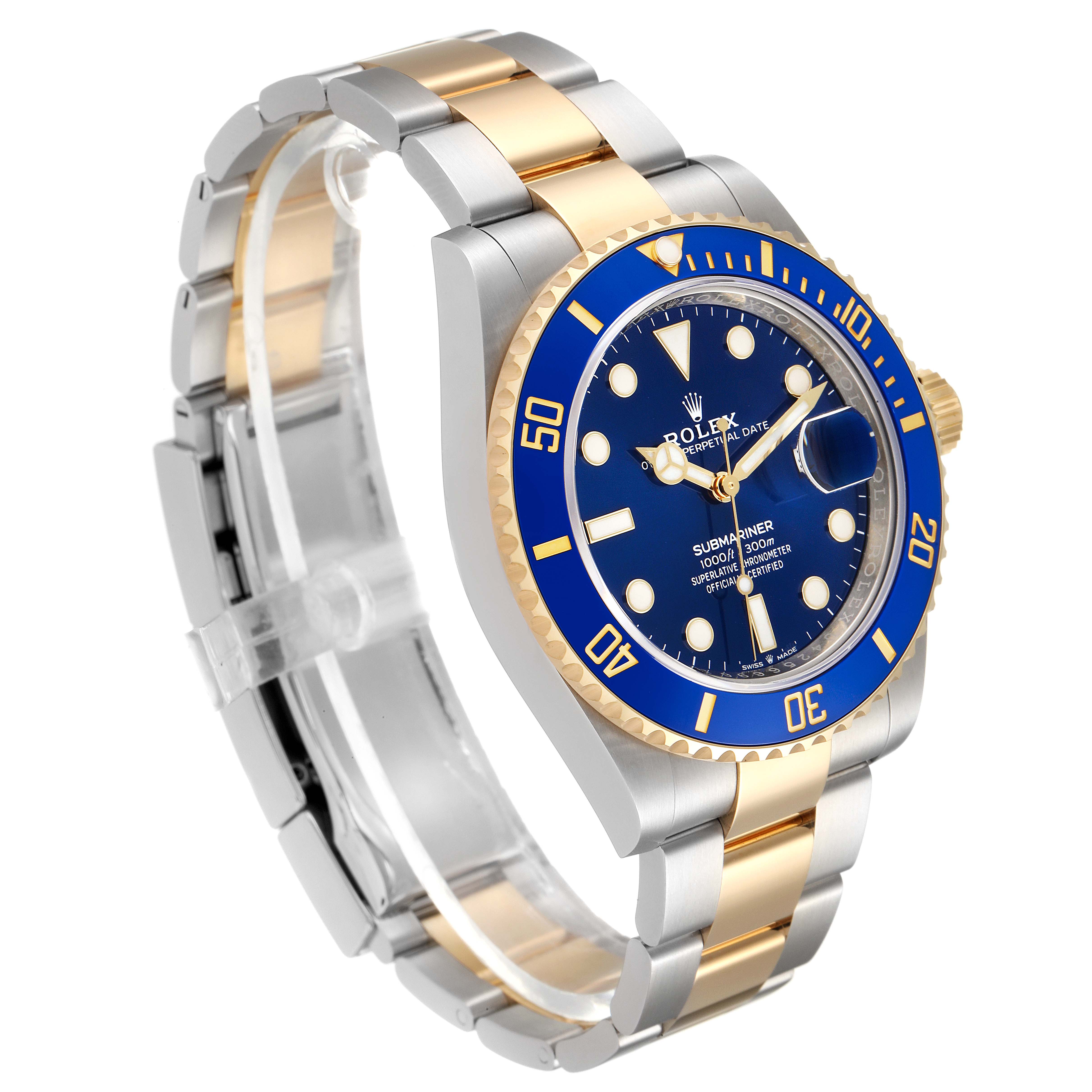 The image shows a side-front angle of the Rolex Submariner 126613LB Men's Steel and Gold (two tone) Blue Dial 126613LB Men's Steel and Gold (two tone) Blue Dial, highlighting its blue dial, bezel, and two-tone bracelet.