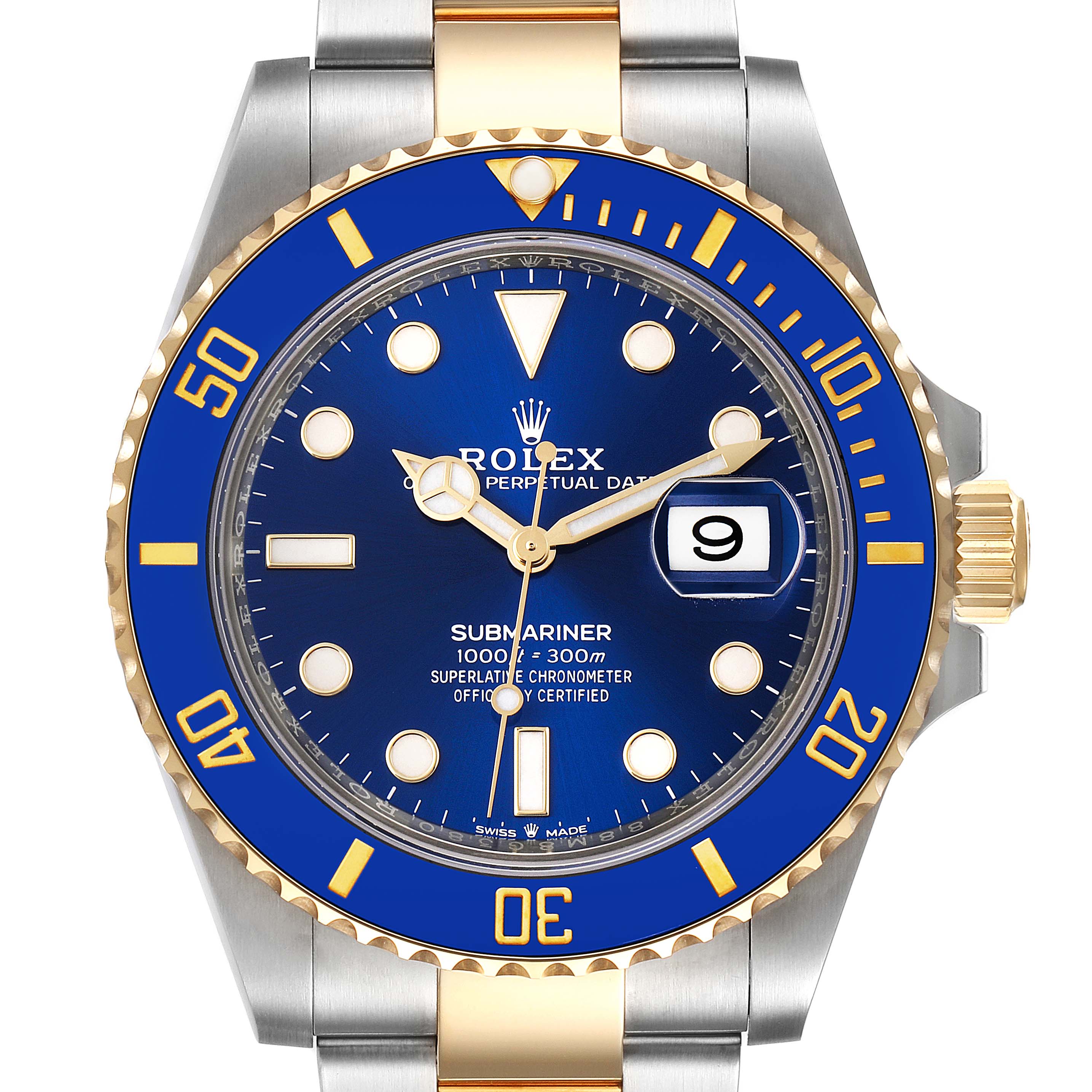 The image shows a frontal view of the Rolex Submariner 126613LB Men's Steel and Gold (two tone) Blue Dial 126613LB Men's Steel and Gold (two tone) Blue Dial, featuring a blue bezel and dial, and a two-tone bracelet.