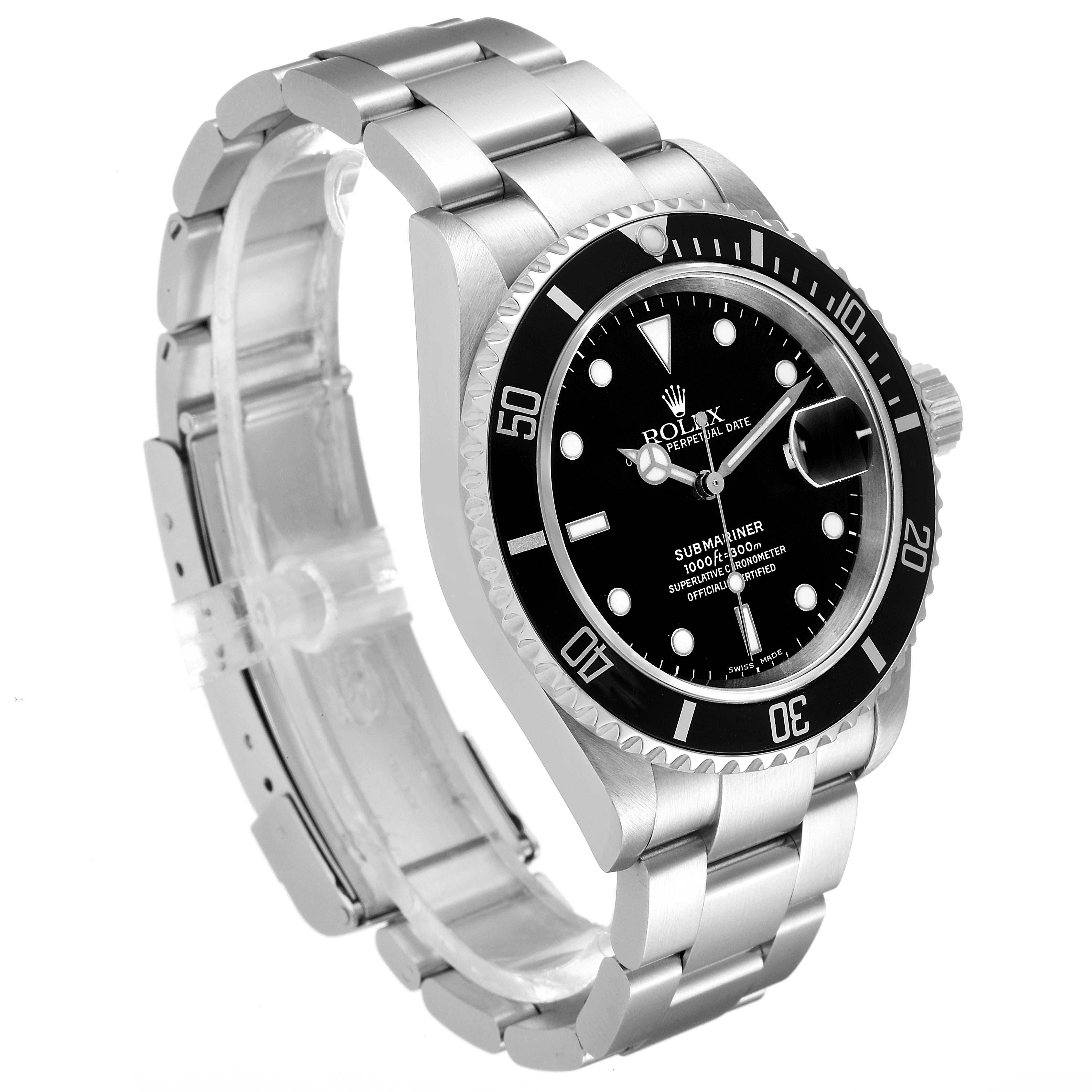 This image shows a Rolex Submariner 16610 Men
s Stainless Steel Black Dial 16610 Men
s Stainless Steel Black Dial watch from a three-quarter angle, highlighting its dial, bezel, and bracelet.