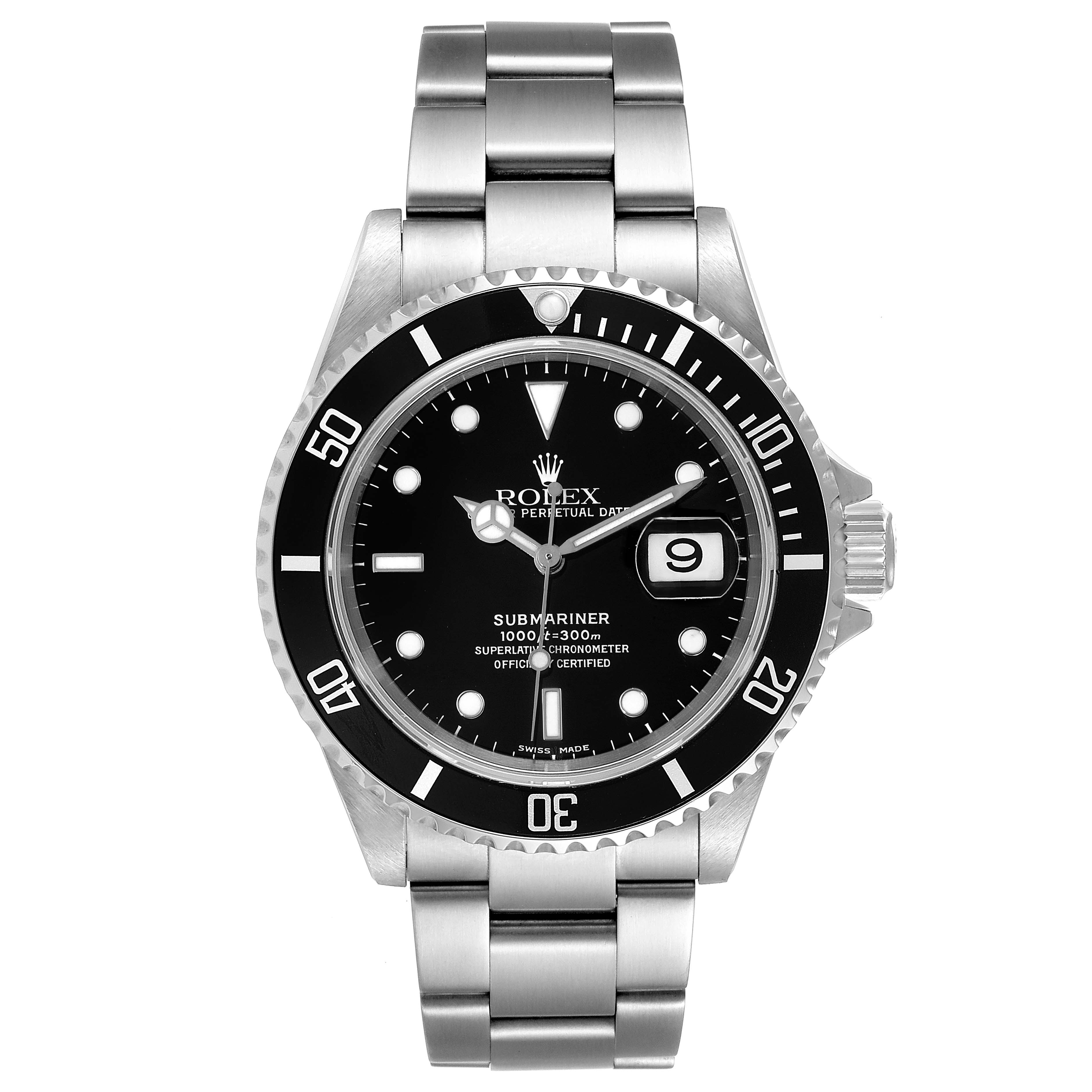 The image shows a frontal view of the Rolex Submariner 16610 Men
s Stainless Steel Black Dial 16610 Men
s Stainless Steel Black Dial watch, displaying its face, bezel, and bracelet.
