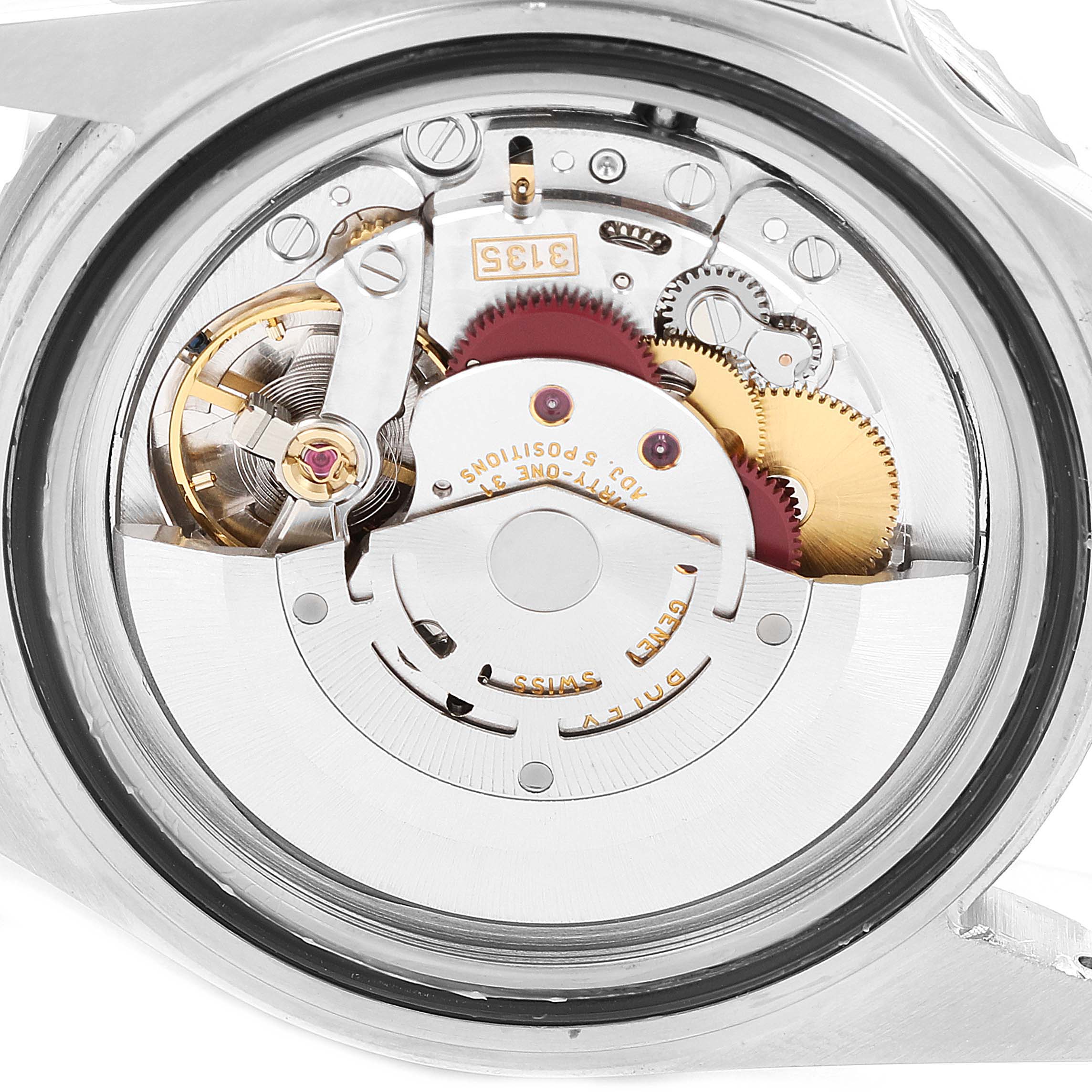 This image shows the internal mechanical movement of a Rolex Submariner 16610 Men
s Stainless Steel Black Dial 16610 Men
s Stainless Steel Black Dial watch from a rear, open-case angle.