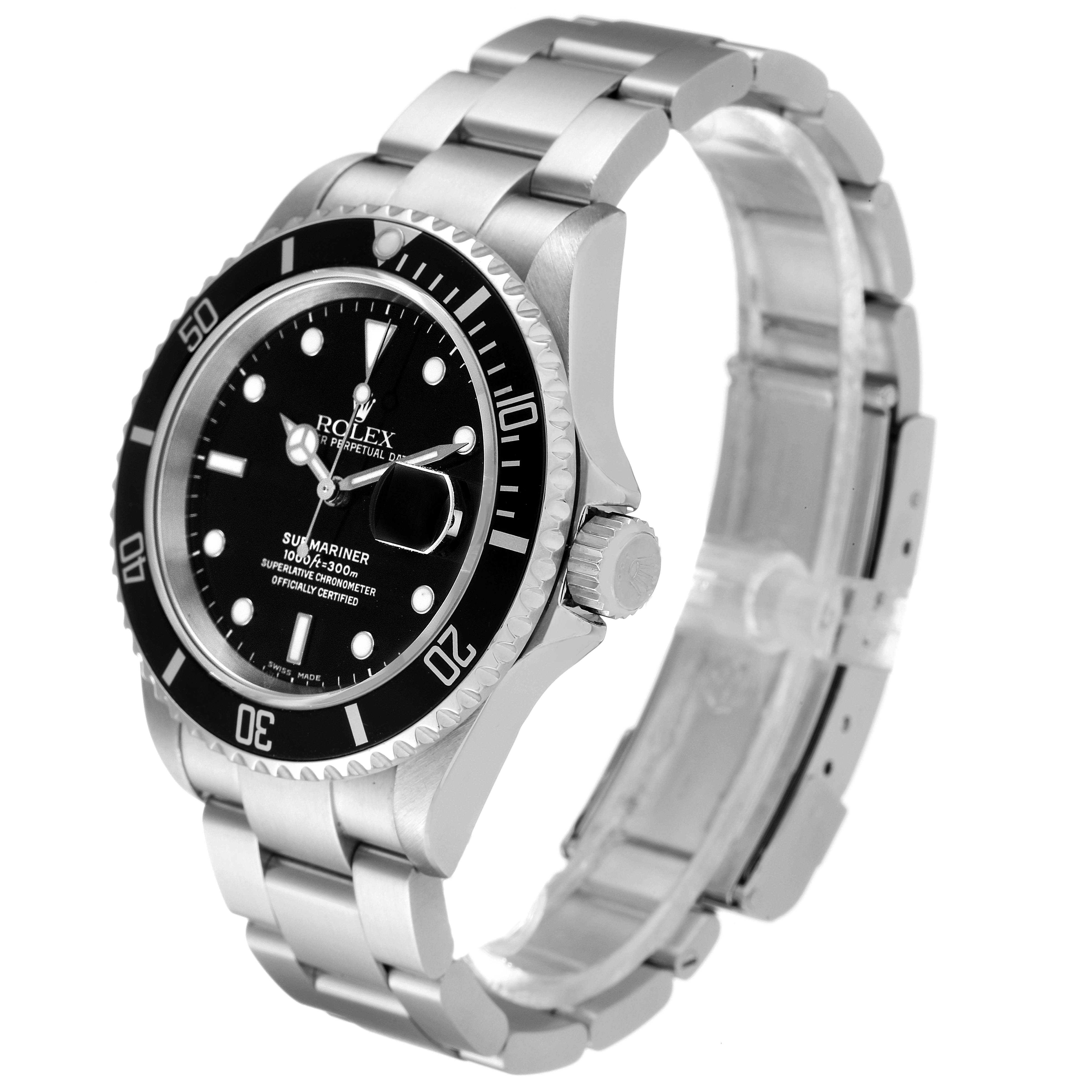 The Rolex Submariner 16610 Men
s Stainless Steel Black Dial 16610 Men
s Stainless Steel Black Dial watch is shown at a three-quarter angle displaying the dial, bezel, and metal bracelet.