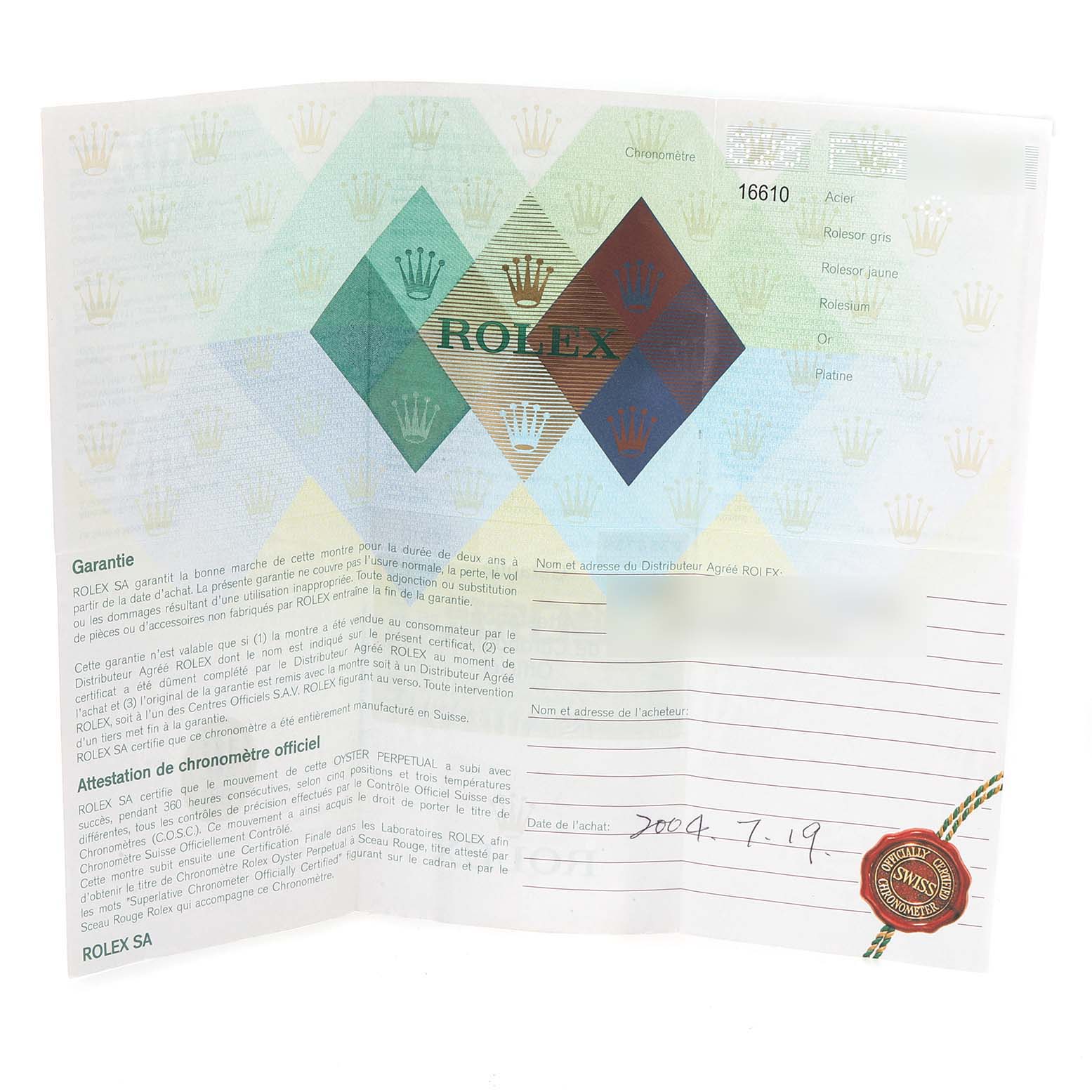 This image shows a warranty certificate for the Rolex Submariner 16610 Men
s Stainless Steel Black Dial 16610 Men
s Stainless Steel Black Dial model 16610.