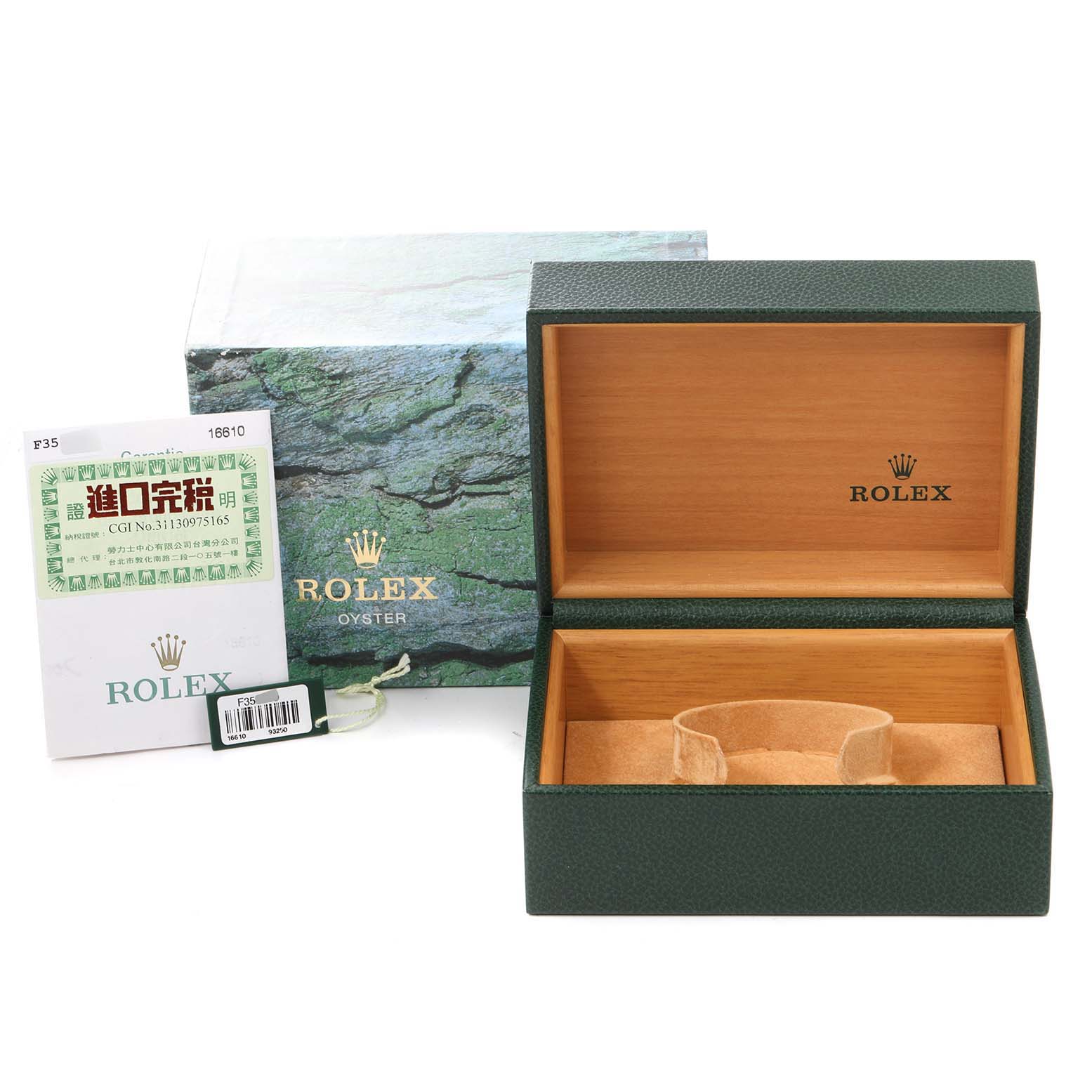 The image shows an open Rolex Submariner 16610 Men
s Stainless Steel Black Dial 16610 Men
s Stainless Steel Black Dial watch box and certification papers at eye level.