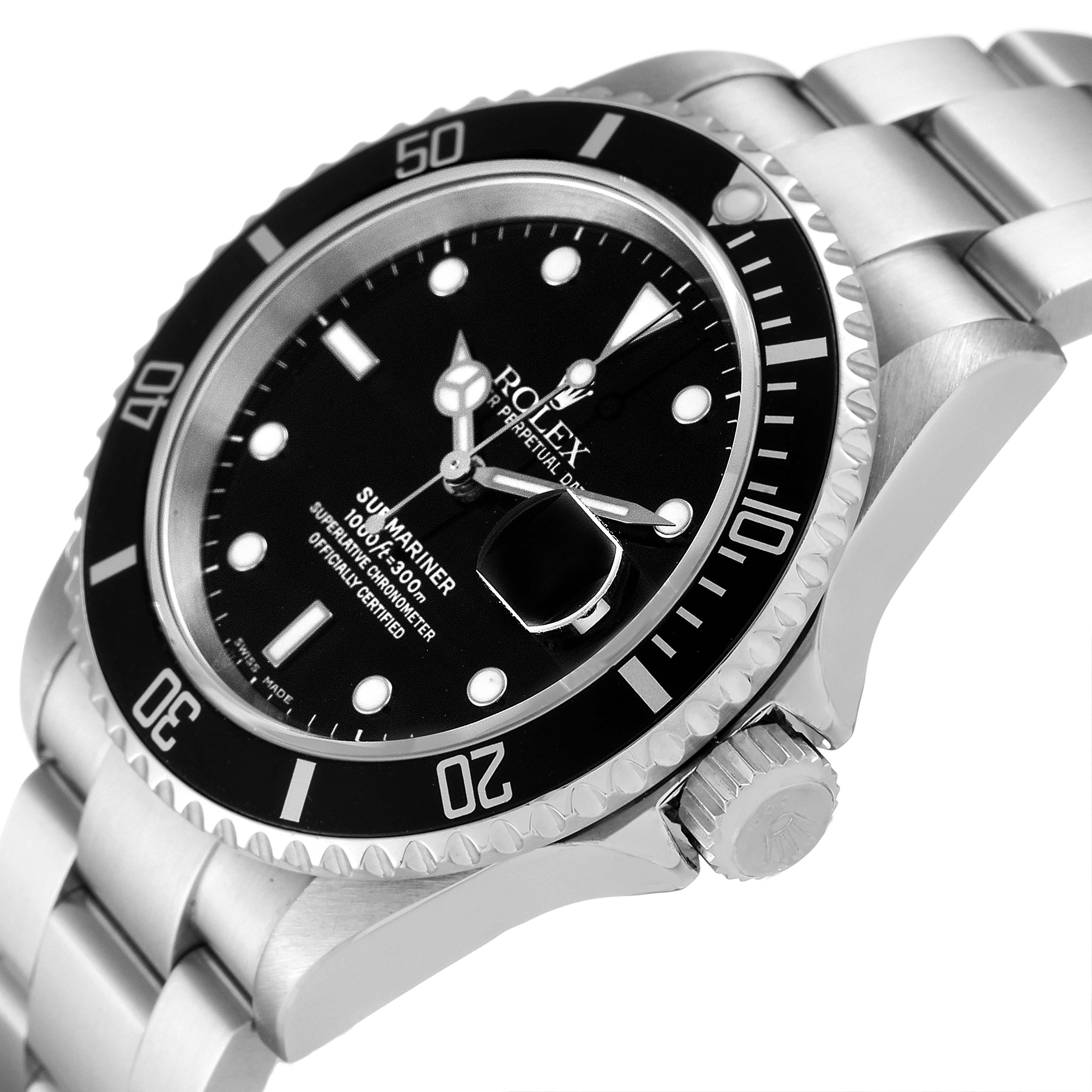 The image shows a close-up angle of the Rolex Submariner 16610 Men
s Stainless Steel Black Dial 16610 Men
s Stainless Steel Black Dial watch, highlighting the dial, bezel, case, and part of the bracelet.