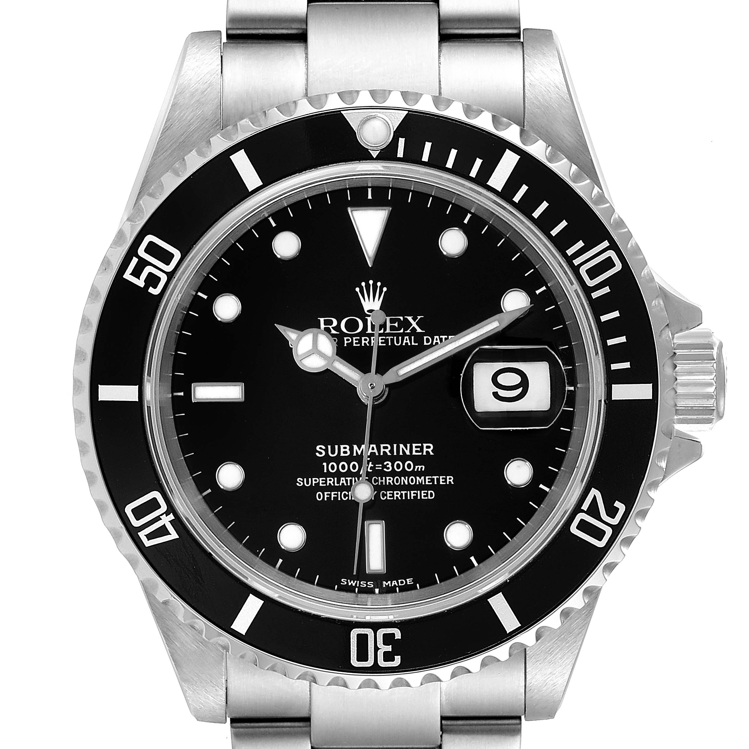 Close-up view of the Rolex Submariner 16610 Men
s Stainless Steel Black Dial 16610 Men
s Stainless Steel Black Dial
s face, highlighting the dial, bezel, hands, date window, and crown.