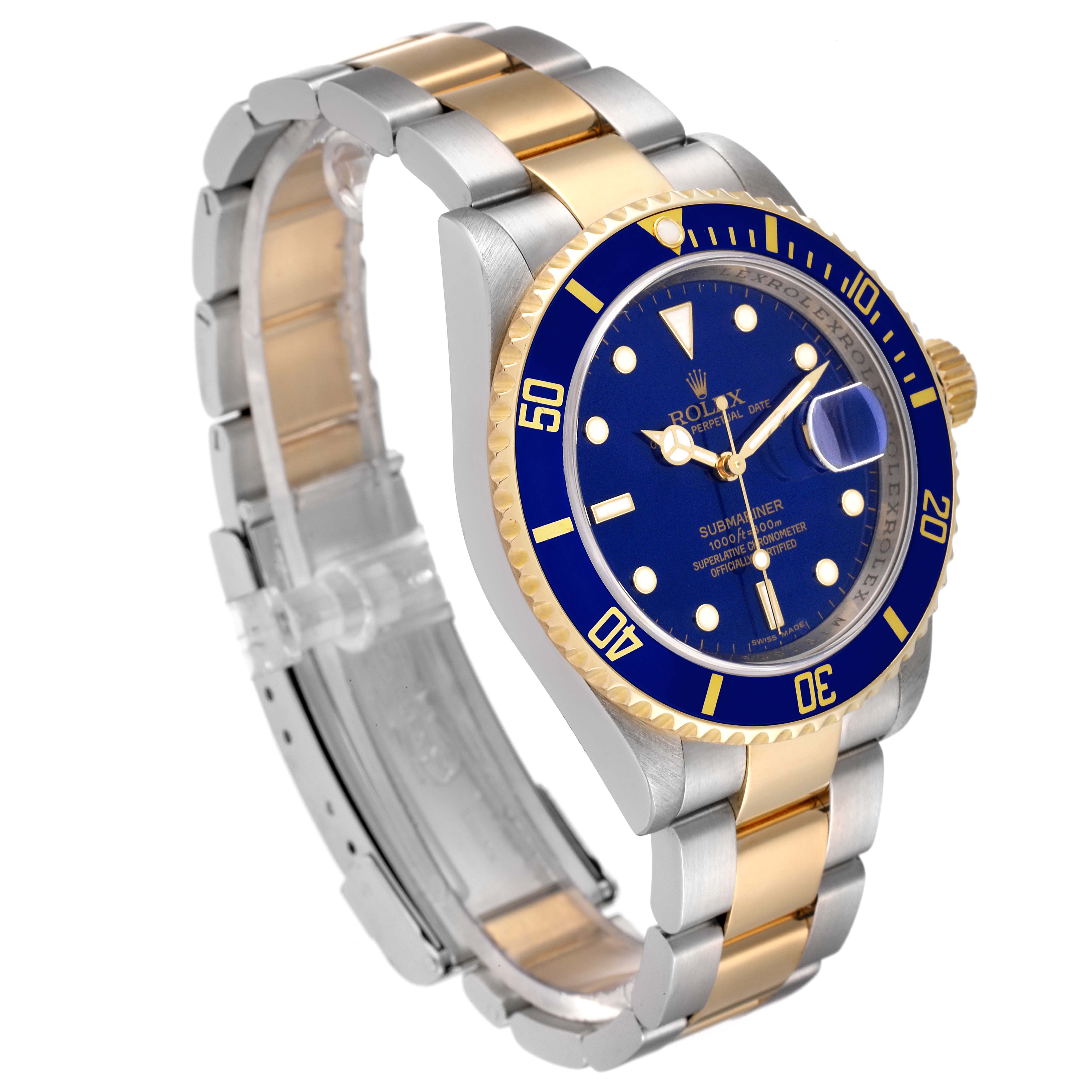 The Rolex Submariner 16613 Men's Steel and Gold (two tone) Blue Dial 16613 Men's Steel and Gold (two tone) Blue Dial watch is displayed at an angle showing its blue dial, bezel, and two-tone bracelet.