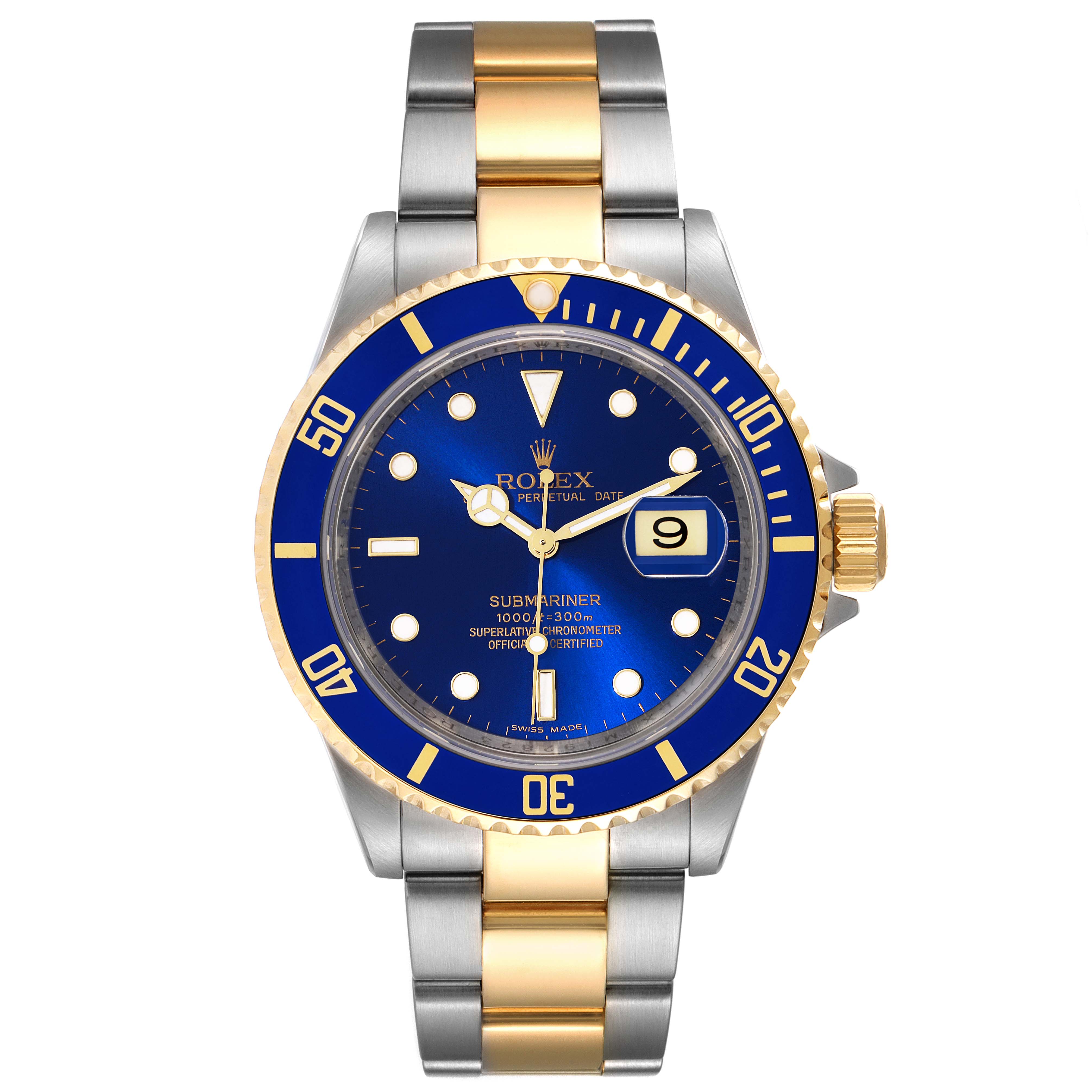 This image shows a Rolex Submariner 16613 Men's Steel and Gold (two tone) Blue Dial 16613 Men's Steel and Gold (two tone) Blue Dial watch from a front angle, displaying the dial, bezel, and bracelet.
