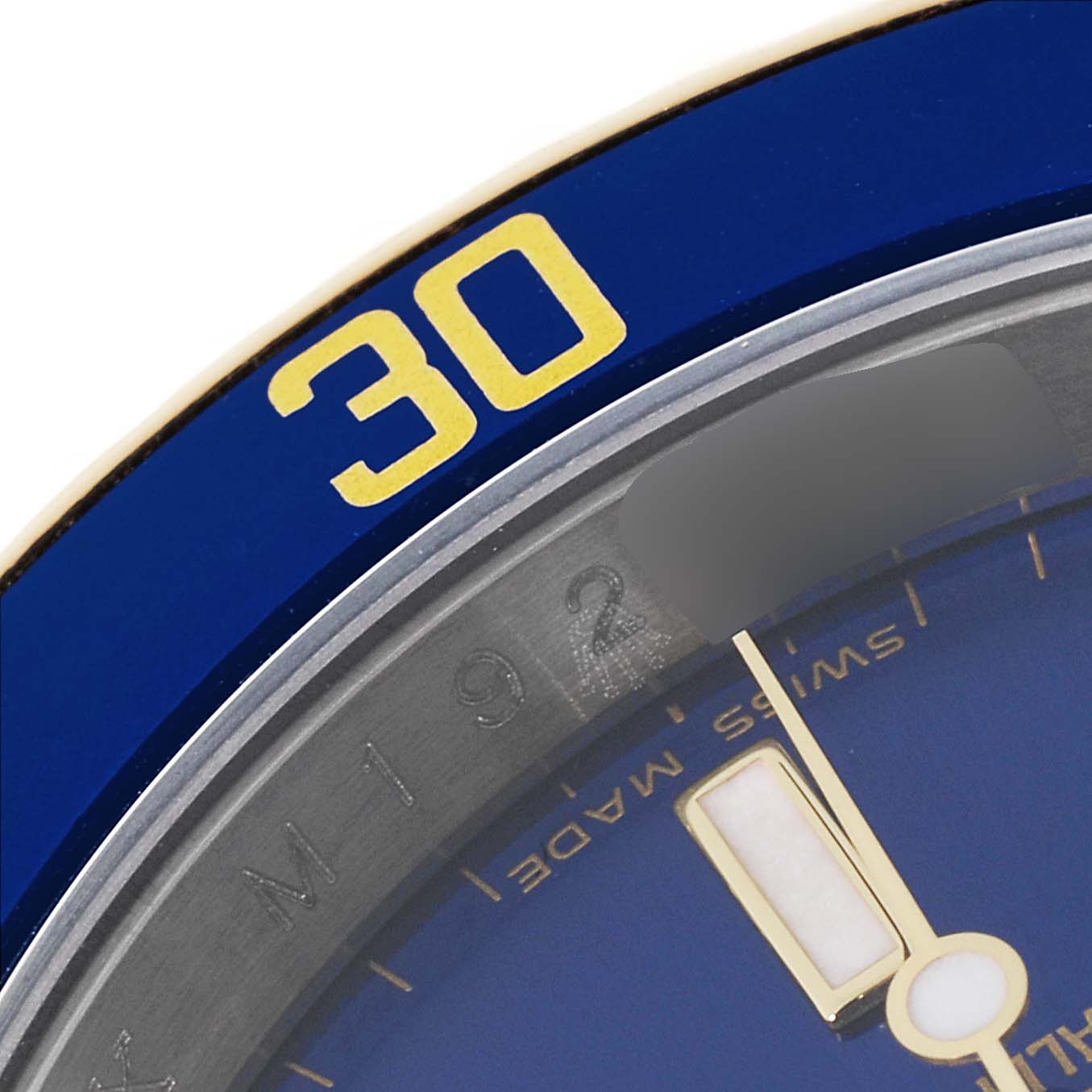 The image shows a close-up of the bezel and dial of a Rolex Submariner 16613 Men's Steel and Gold (two tone) Blue Dial 16613 Men's Steel and Gold (two tone) Blue Dial watch, highlighting the '30' mark on the bezel.