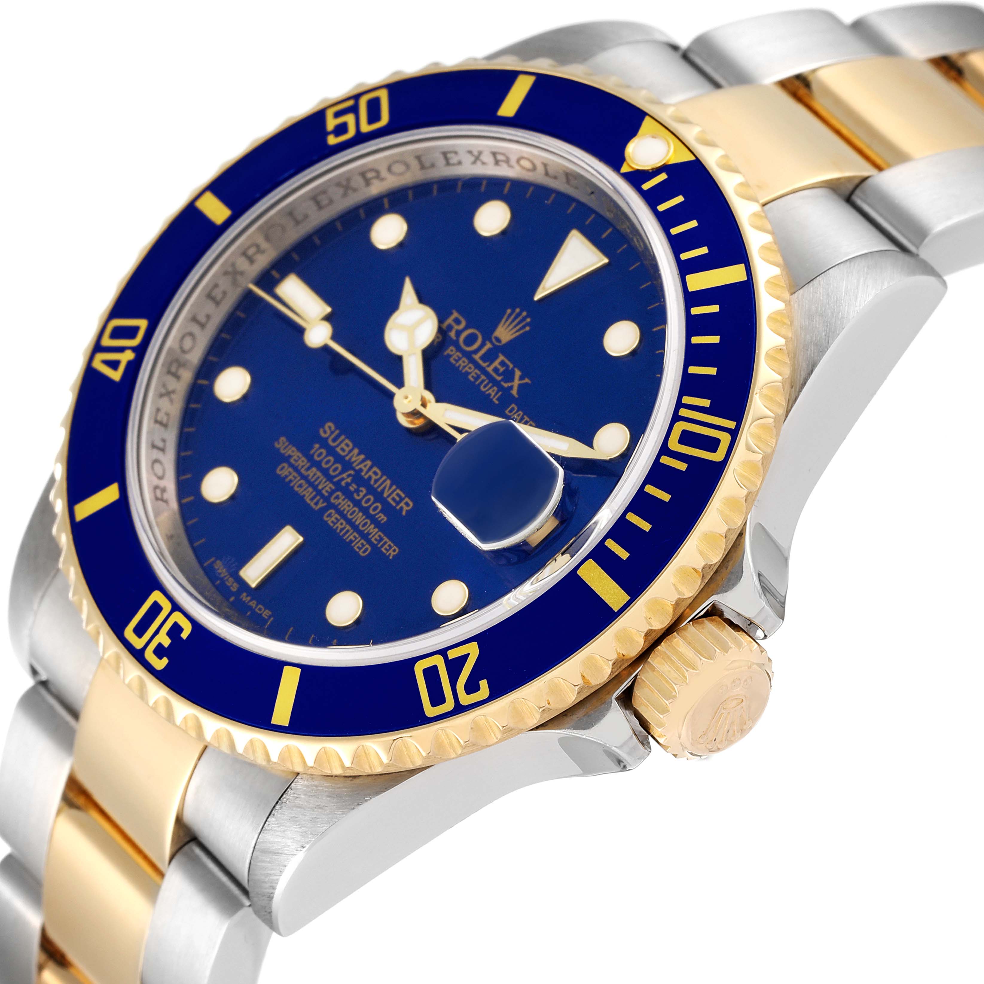 This image shows a close-up side angle of a Rolex Submariner 16613 Men's Steel and Gold (two tone) Blue Dial 16613 Men's Steel and Gold (two tone) Blue Dial watch, highlighting its blue dial, bezel, and two-tone bracelet.