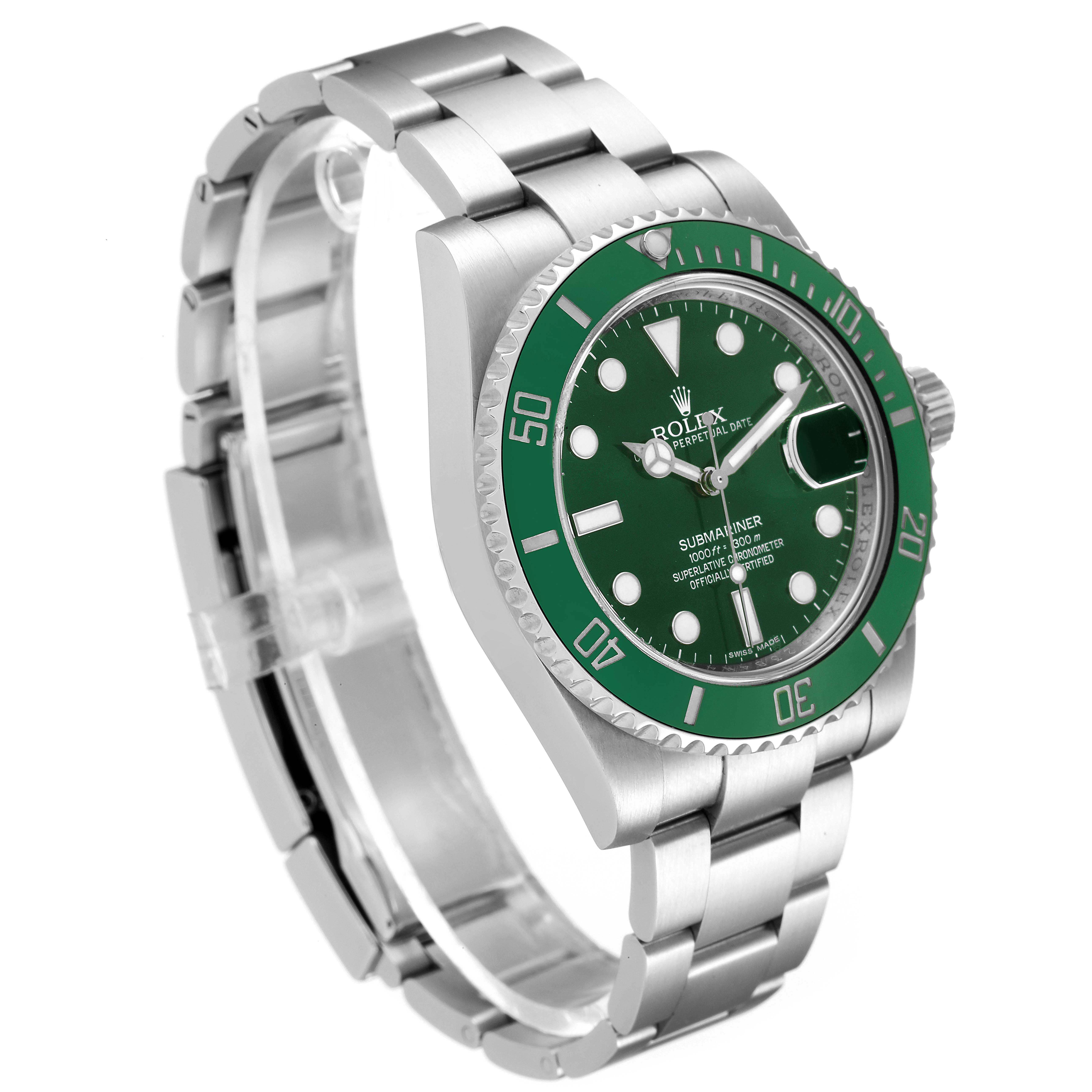 The image shows a side view of a Rolex Submariner 116610LV Men
s Stainless Steel Green Dial 116610LV Men
s Stainless Steel Green Dial watch with a green bezel and dial, highlighting its bracelet and case.