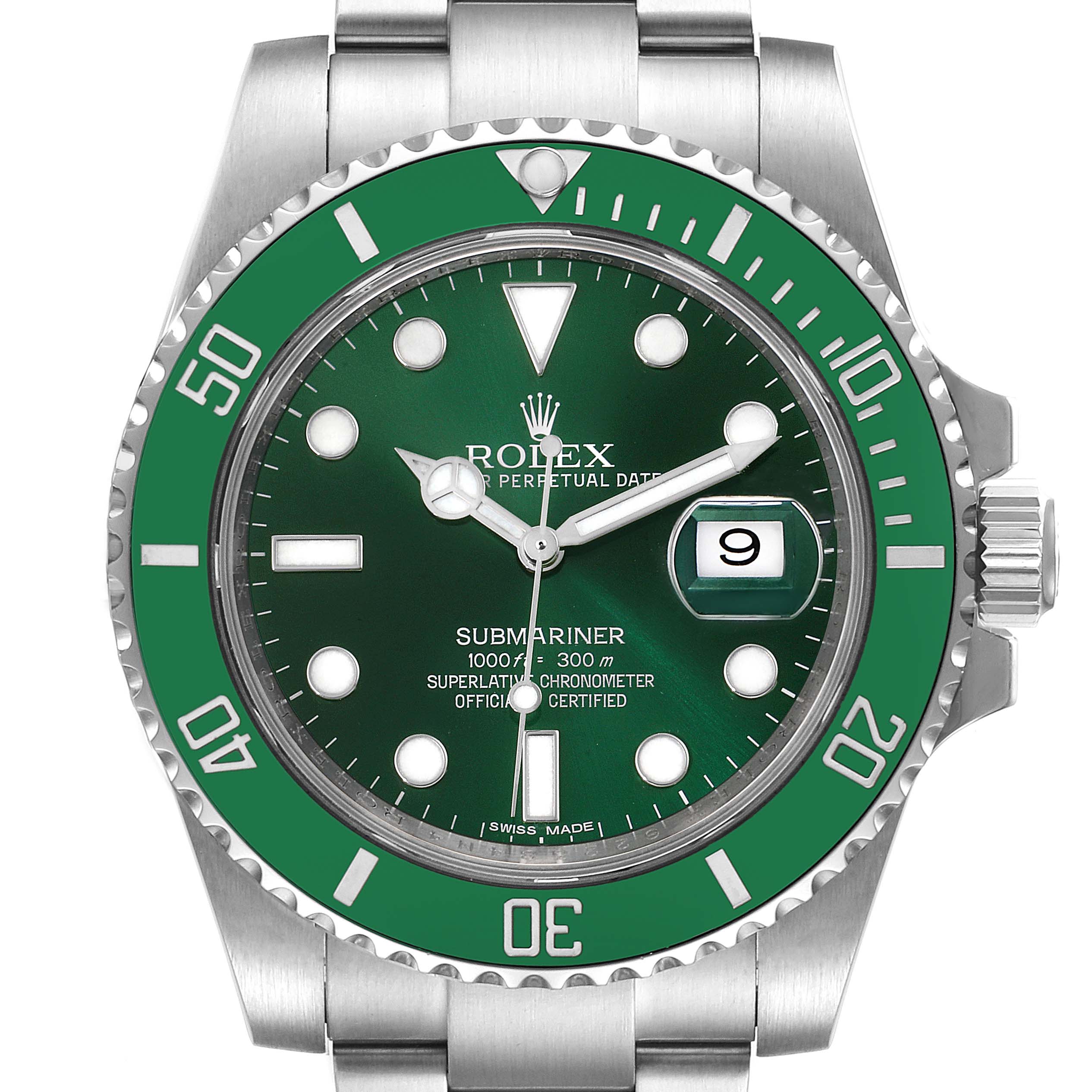 The image shows a front-facing view of a Rolex Submariner 116610LV Men
s Stainless Steel Green Dial 116610LV Men
s Stainless Steel Green Dial watch, including the face, bezel, hands, date window, and part of the bracelet.
