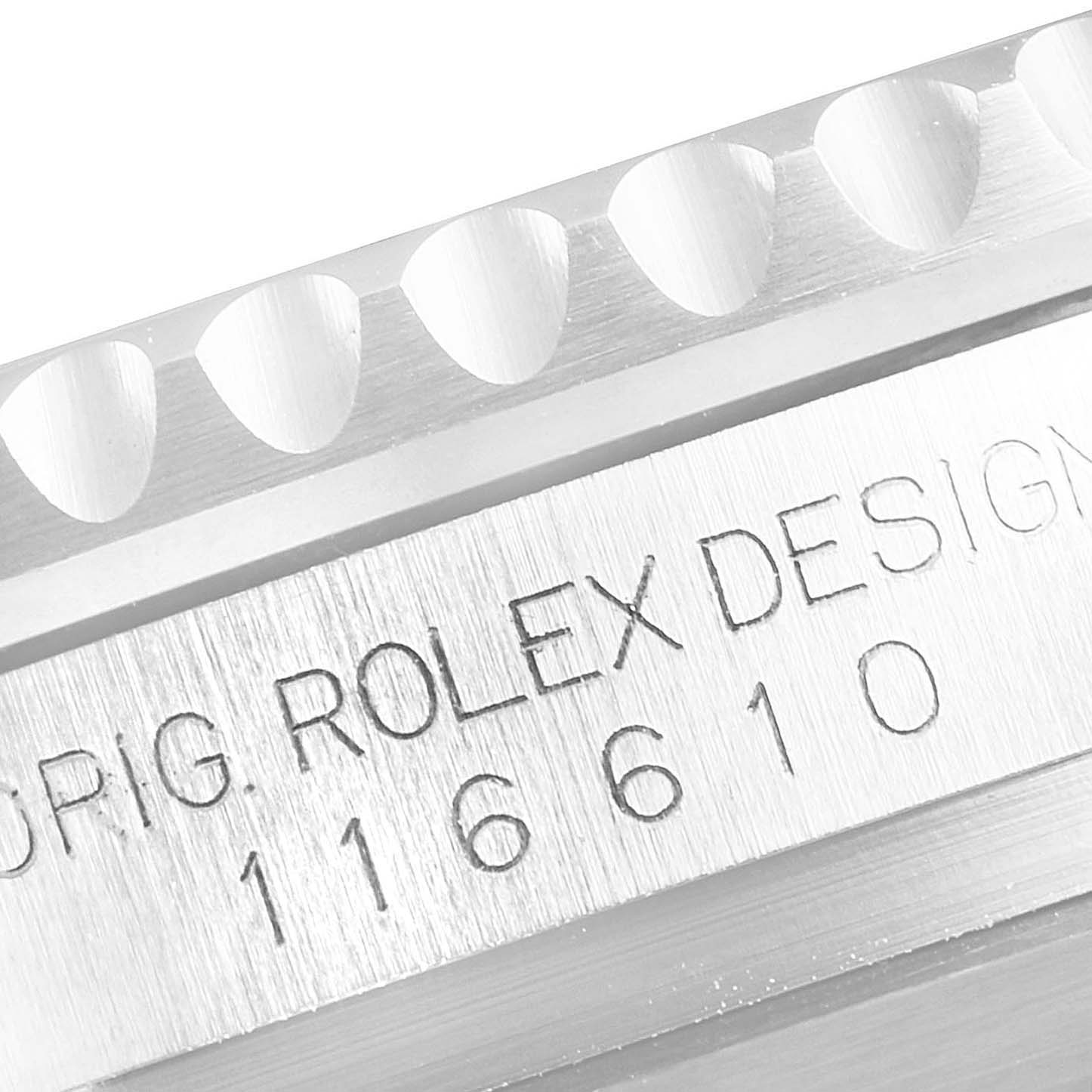 This close-up image shows the engraved side of the Rolex Submariner 116610LV Men
s Stainless Steel Green Dial 116610LV Men
s Stainless Steel Green Dial watch case, displaying the model number and design details.