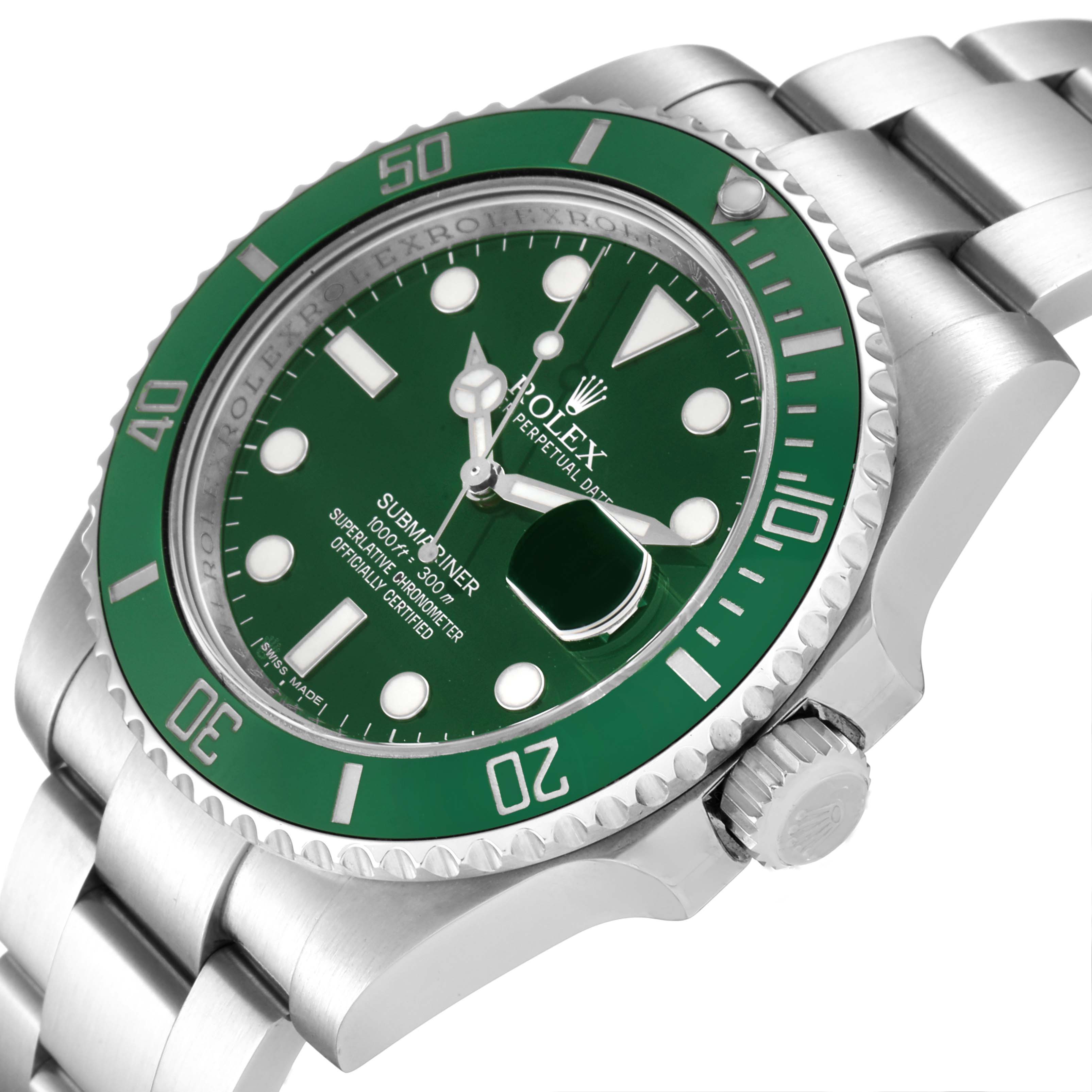 The Rolex Submariner 116610LV Men
s Stainless Steel Green Dial 116610LV Men
s Stainless Steel Green Dial watch is shown at an oblique angle, highlighting the dial, bezel, crown, and a portion of the bracelet.