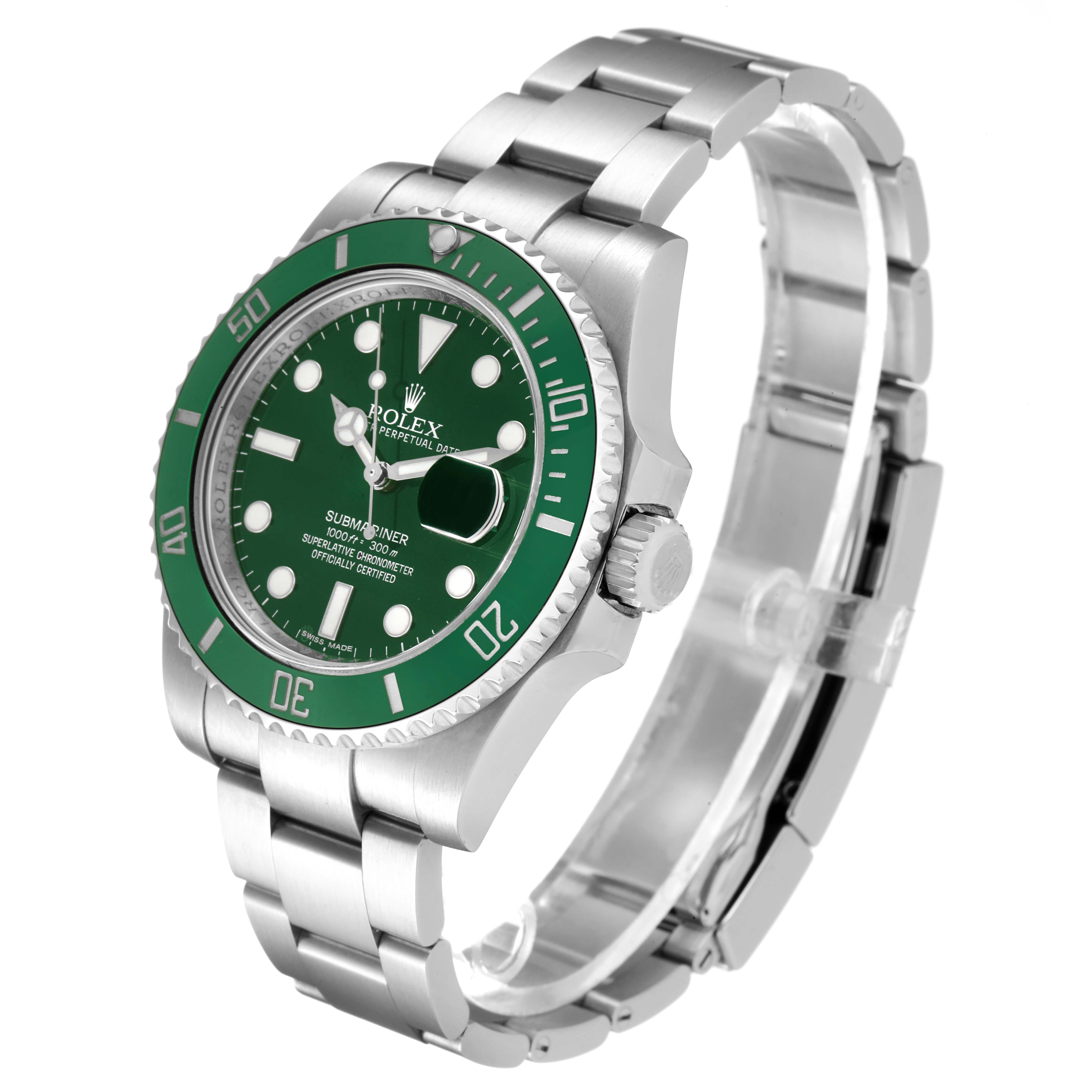 The image shows a side-angle view of a Rolex Submariner 116610LV Men
s Stainless Steel Green Dial 116610LV Men
s Stainless Steel Green Dial watch, displaying its green bezel, dial, and silver bracelet.