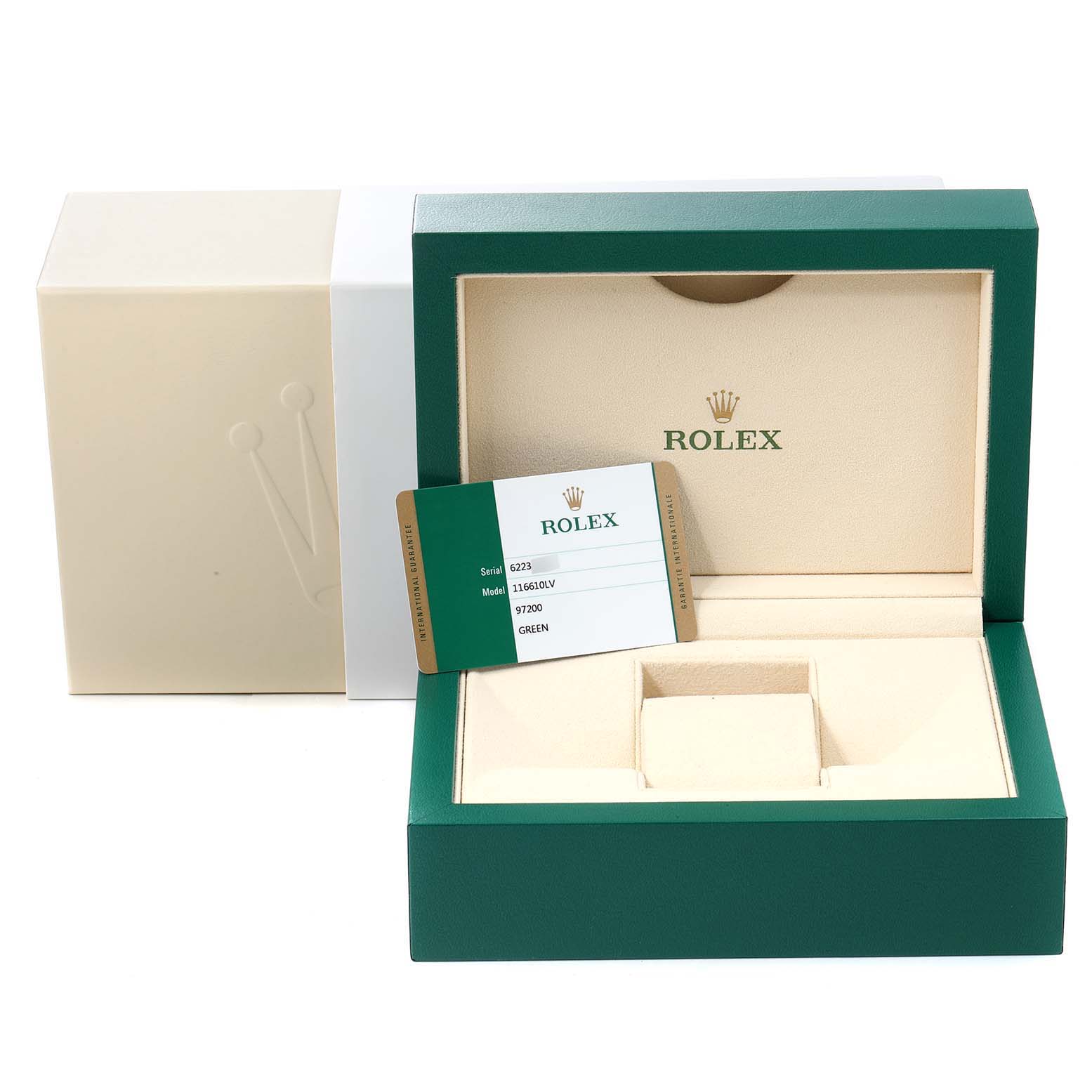 The image shows an open Rolex Submariner 116610LV Men
s Stainless Steel Green Dial 116610LV Men
s Stainless Steel Green Dial watch box with a warranty card, photographed from the front.
