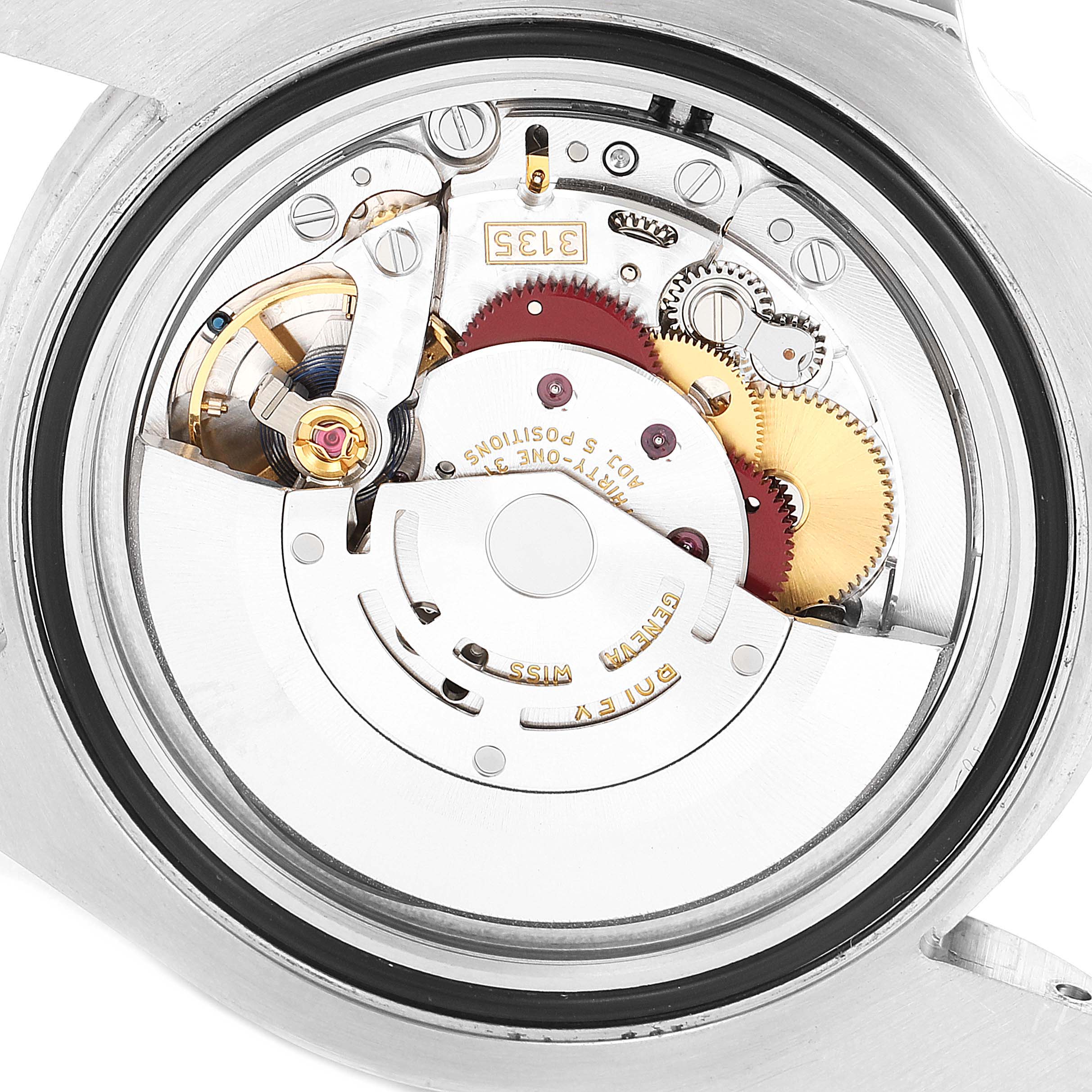 This image shows the internal mechanism of a Rolex Submariner 116610LV Men
s Stainless Steel Green Dial 116610LV Men
s Stainless Steel Green Dial watch from a rear angle.