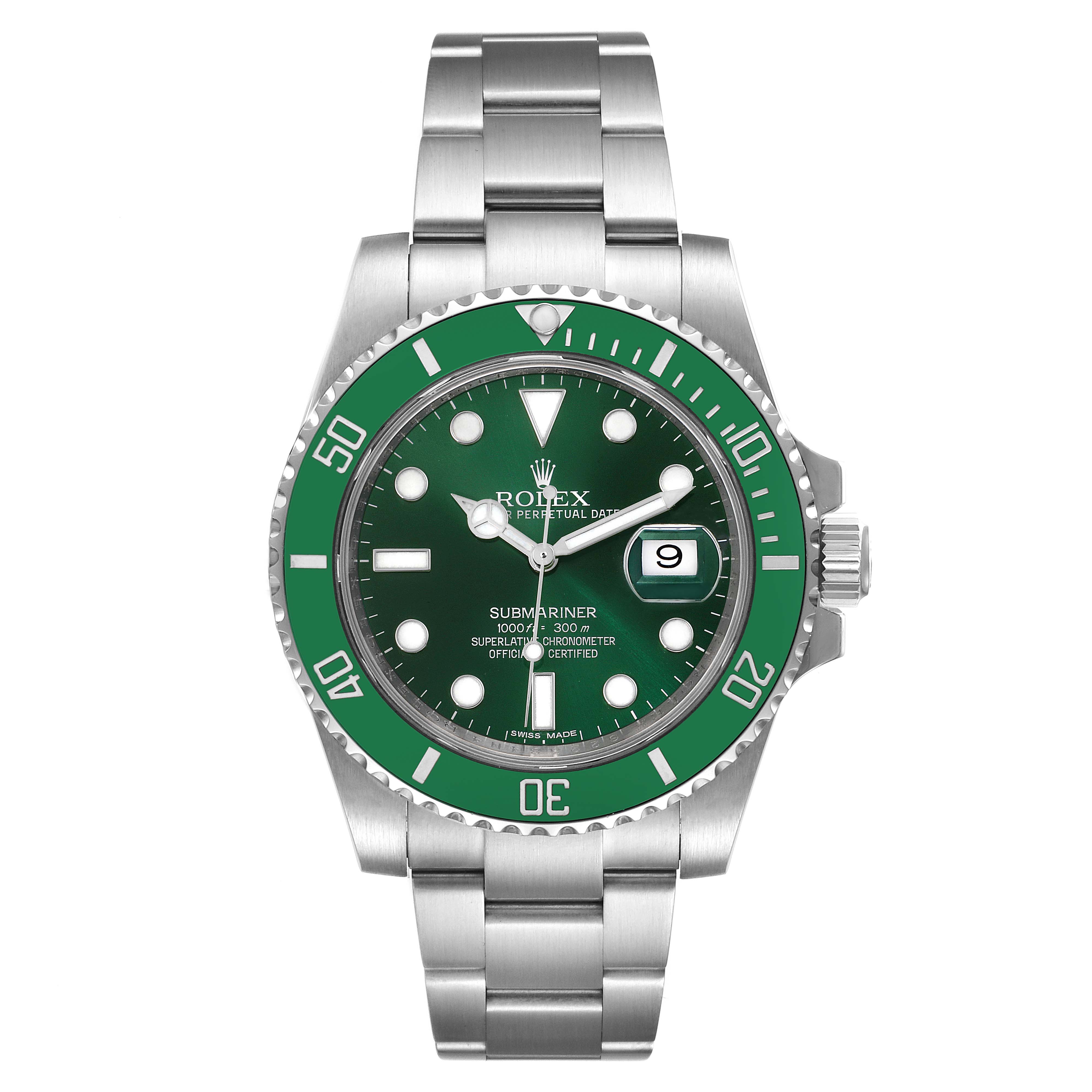 This image shows a front view of the Rolex Submariner 116610LV Men
s Stainless Steel Green Dial 116610LV Men
s Stainless Steel Green Dial watch, displaying its green bezel, dial, and metal bracelet.