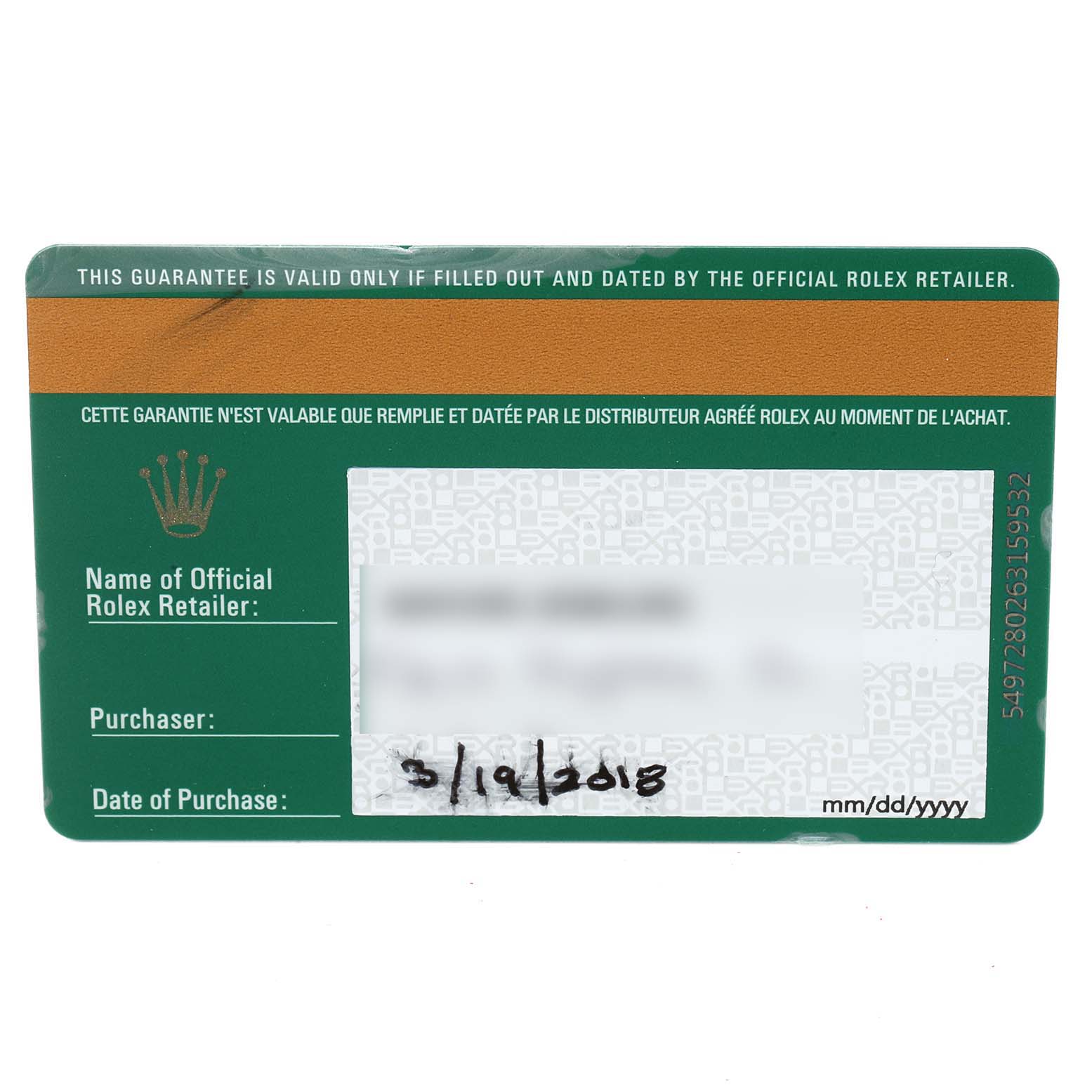 This image shows a warranty card for a Rolex Submariner 116610LV Men
s Stainless Steel Green Dial 116610LV Men
s Stainless Steel Green Dial watch, detailing purchase information.