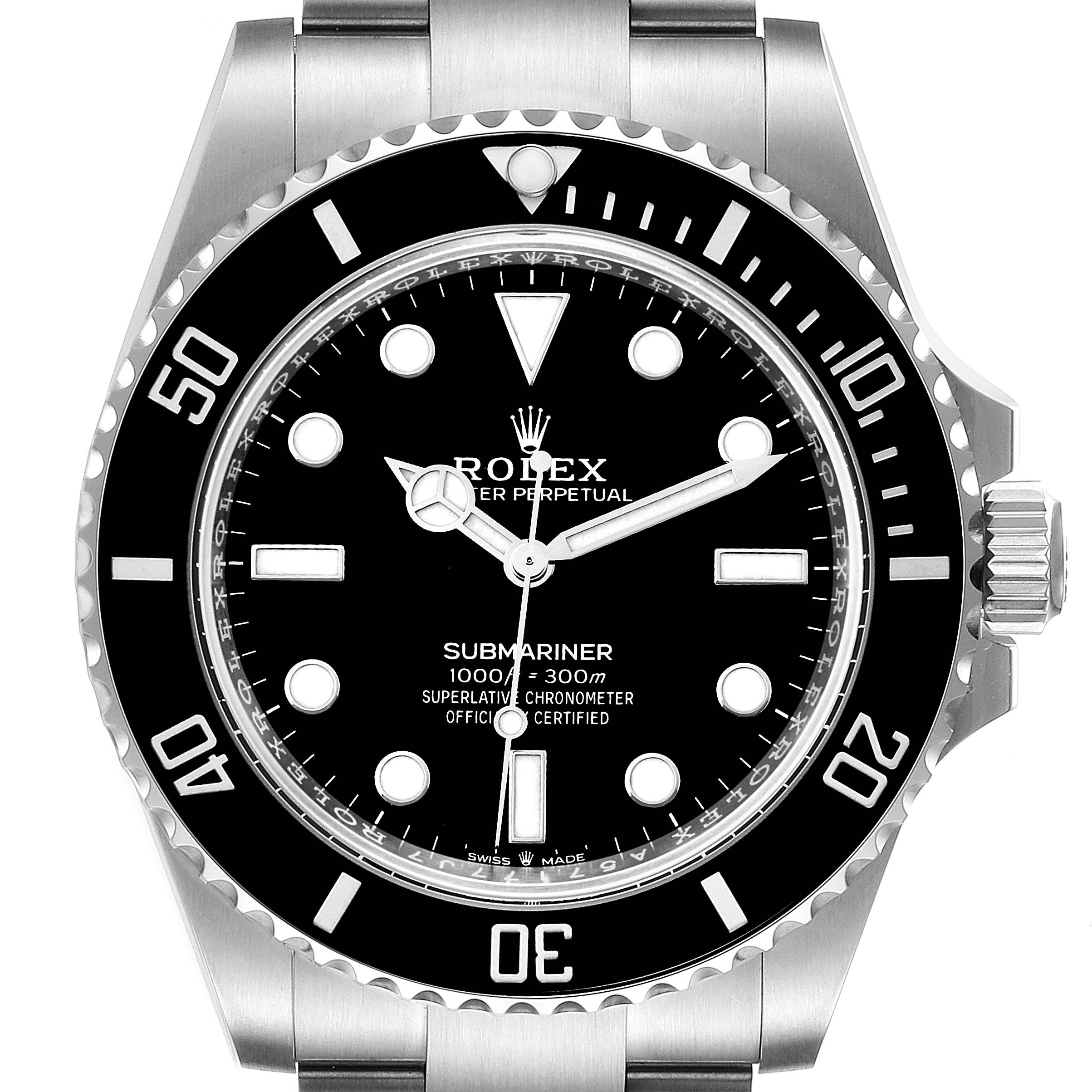 The image shows a frontal view of the Rolex Submariner 124060 Men's Stainless Steel Black Dial 124060 Men's Stainless Steel Black Dial watch, displaying its face, bezel, and part of the bracelet.