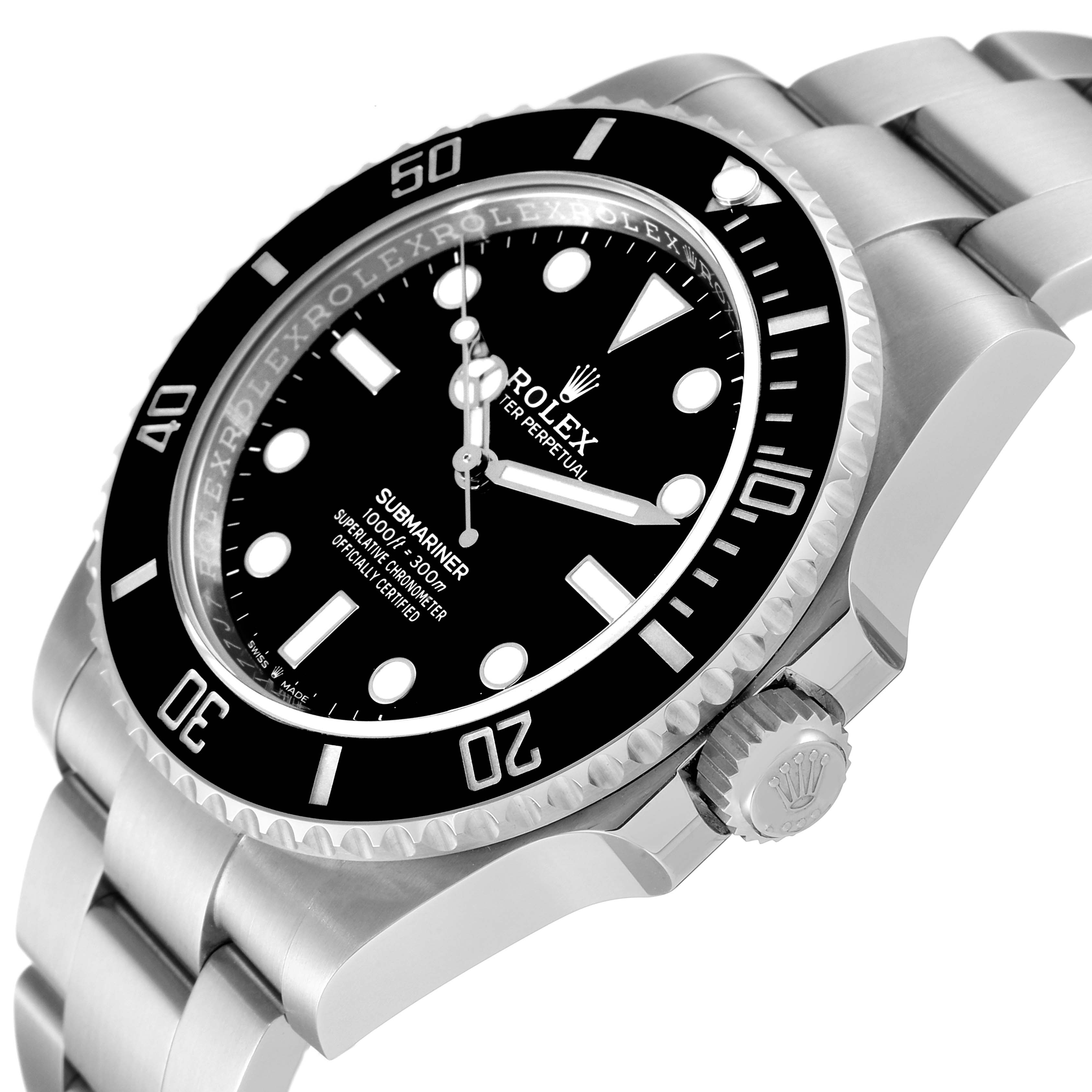 The image shows the Rolex Submariner 124060 Men's Stainless Steel Black Dial 124060 Men's Stainless Steel Black Dial watch at a slight angle, highlighting the case, bezel, dial, crown, and part of the bracelet.