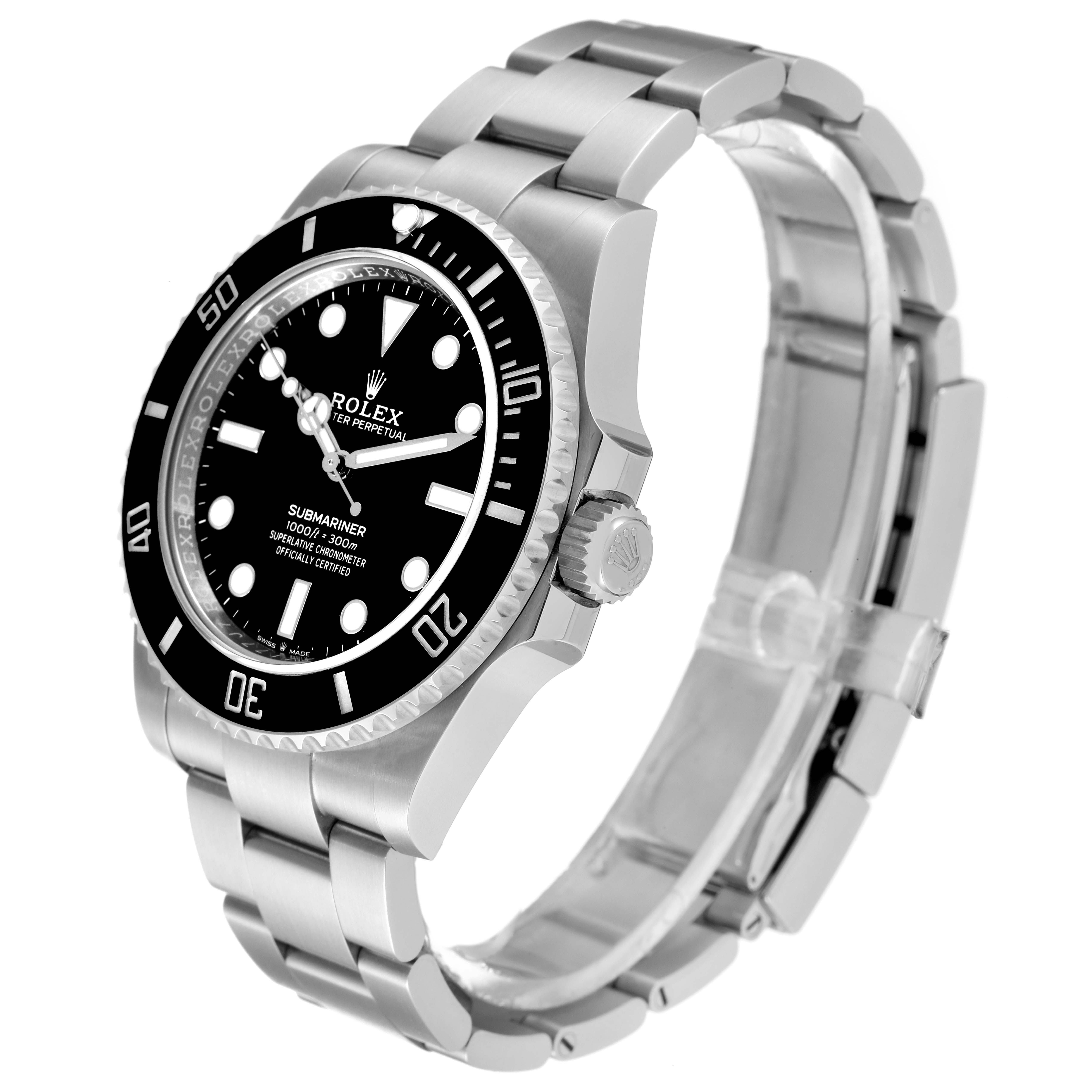 This is a side-angle view of the Rolex Submariner 124060 Men's Stainless Steel Black Dial 124060 Men's Stainless Steel Black Dial, showcasing its dial, bezel, crown, and bracelet.