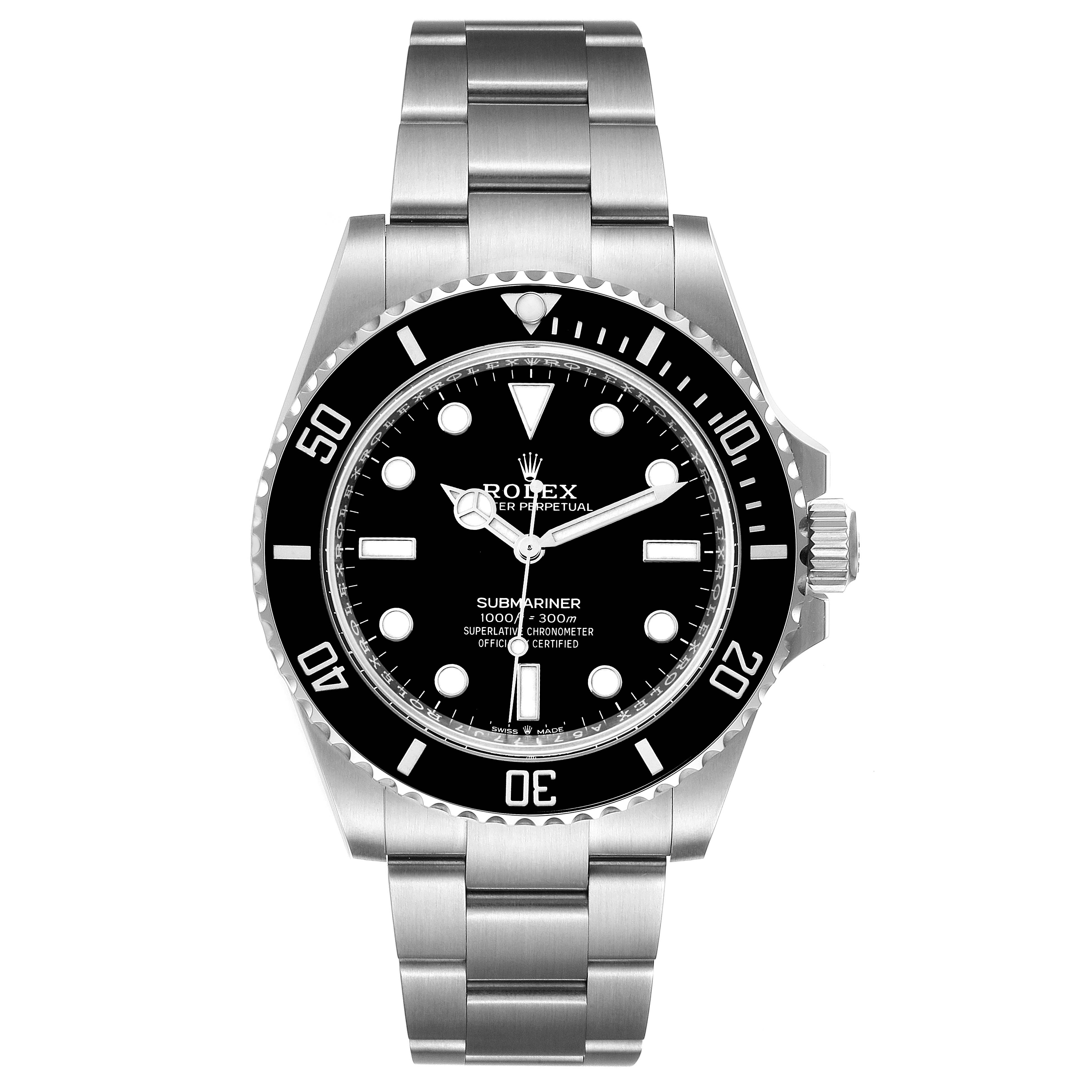 The image shows a front view of the Rolex Submariner 124060 Men's Stainless Steel Black Dial 124060 Men's Stainless Steel Black Dial watch, displaying its dial, bezel, and bracelet.