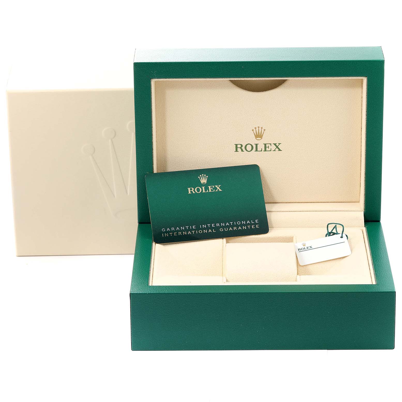 The image shows a Rolex Submariner 124060 Men's Stainless Steel Black Dial 124060 Men's Stainless Steel Black Dial watch box set including the box, warranty card, and a Rolex tag.