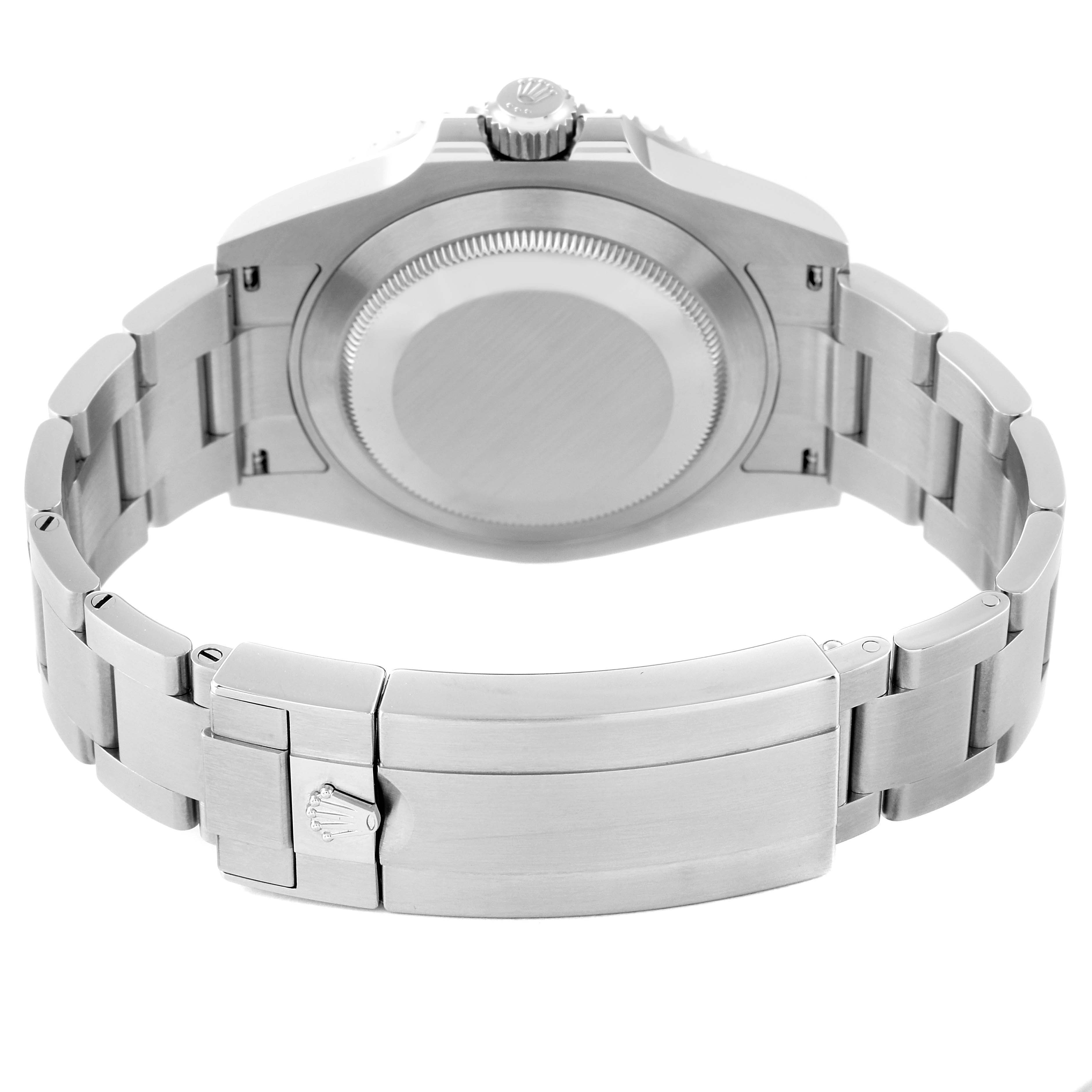 The image shows the backside and clasp of a Rolex Submariner 124060 Men's Stainless Steel Black Dial 124060 Men's Stainless Steel Black Dial watch viewed from an angle that highlights its bracelet and case back.