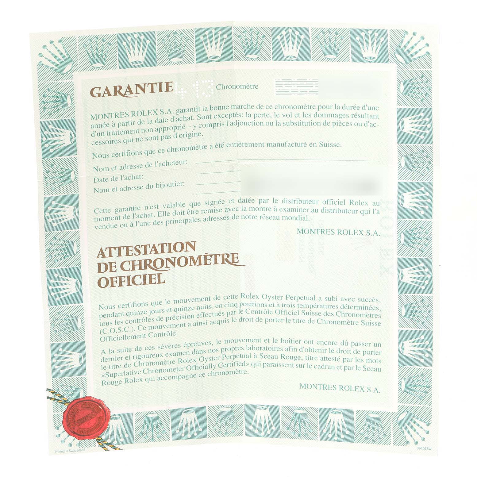 This image shows a Rolex Submariner 16613 Men's Steel and Gold (two tone) Black Dial 16613 Men's Steel and Gold (two tone) Black Dial warranty certificate featuring the brand's logo and details about the chronometer certification.