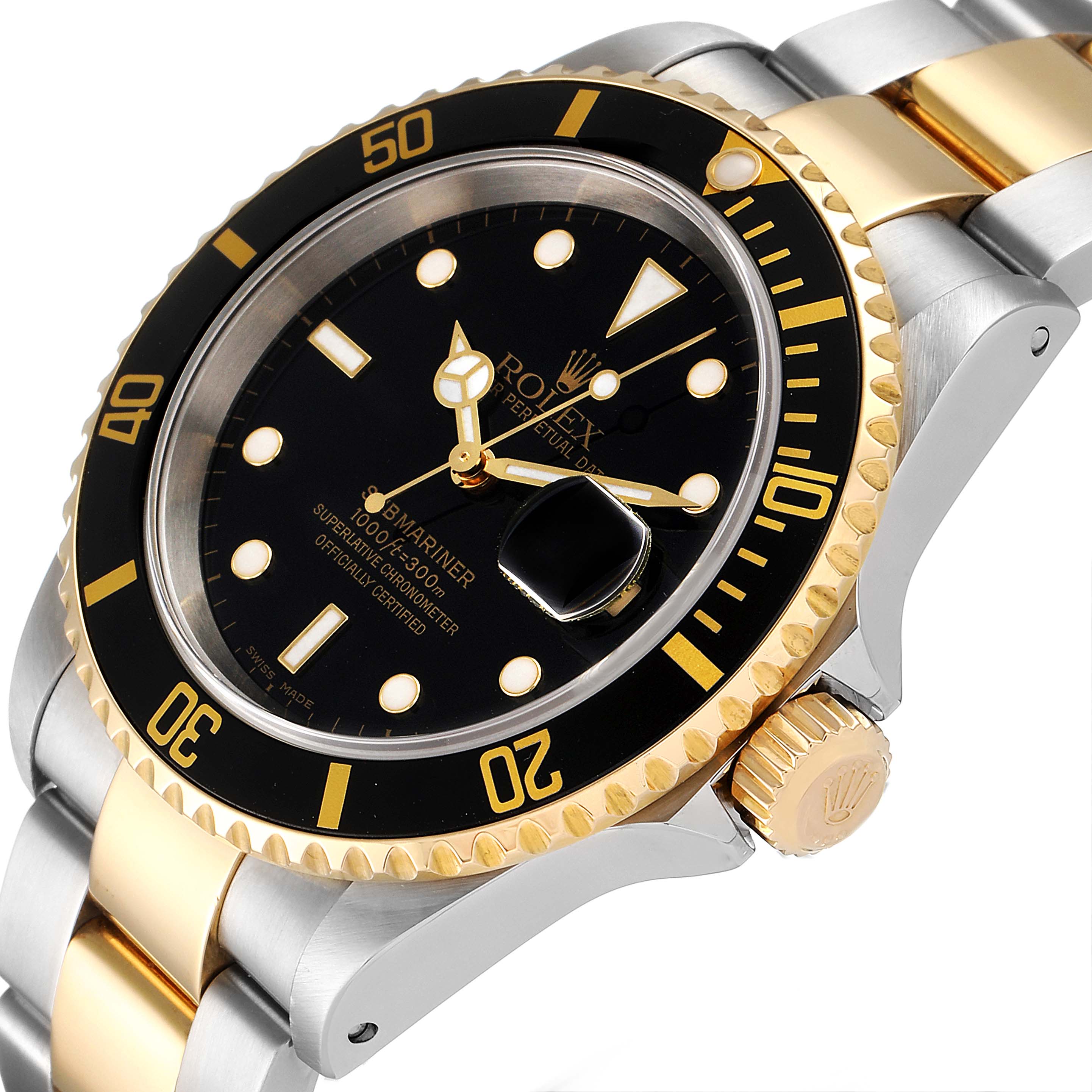 This image shows a close-up, angled view of a Rolex Submariner 16613 Men's Steel and Gold (two tone) Black Dial 16613 Men's Steel and Gold (two tone) Black Dial watch, highlighting its casing, bezel, crown, and part of the bracelet.