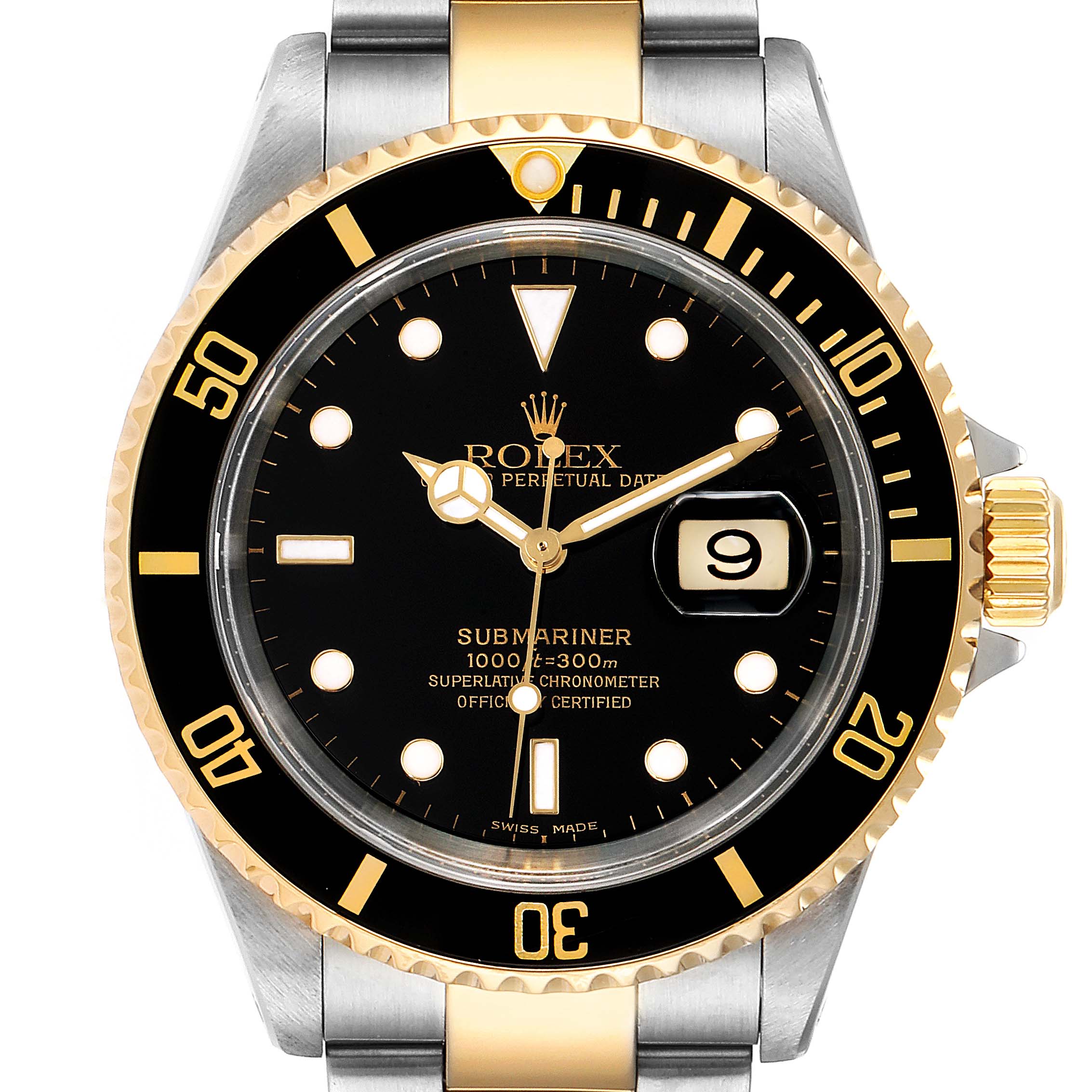 The image shows a front view of the Rolex Submariner 16613 Men's Steel and Gold (two tone) Black Dial 16613 Men's Steel and Gold (two tone) Black Dial watch, highlighting its bezel, dial, hands, date window, and bracelet.