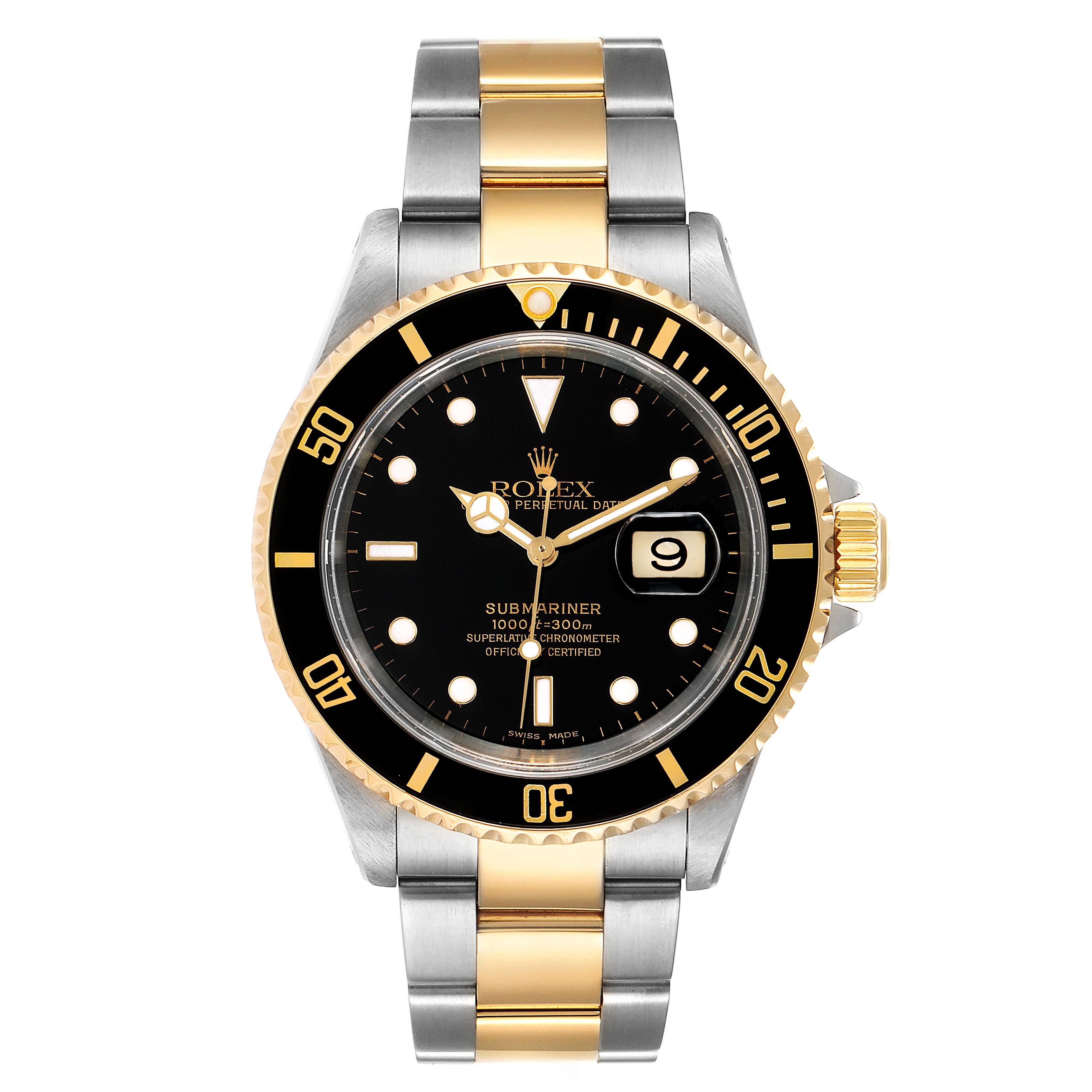 The Rolex Submariner 16613 Men's Steel and Gold (two tone) Black Dial 16613 Men's Steel and Gold (two tone) Black Dial watch is shown from a front angle, highlighting its black dial, gold and silver stainless steel bracelet, and rotating bezel.
