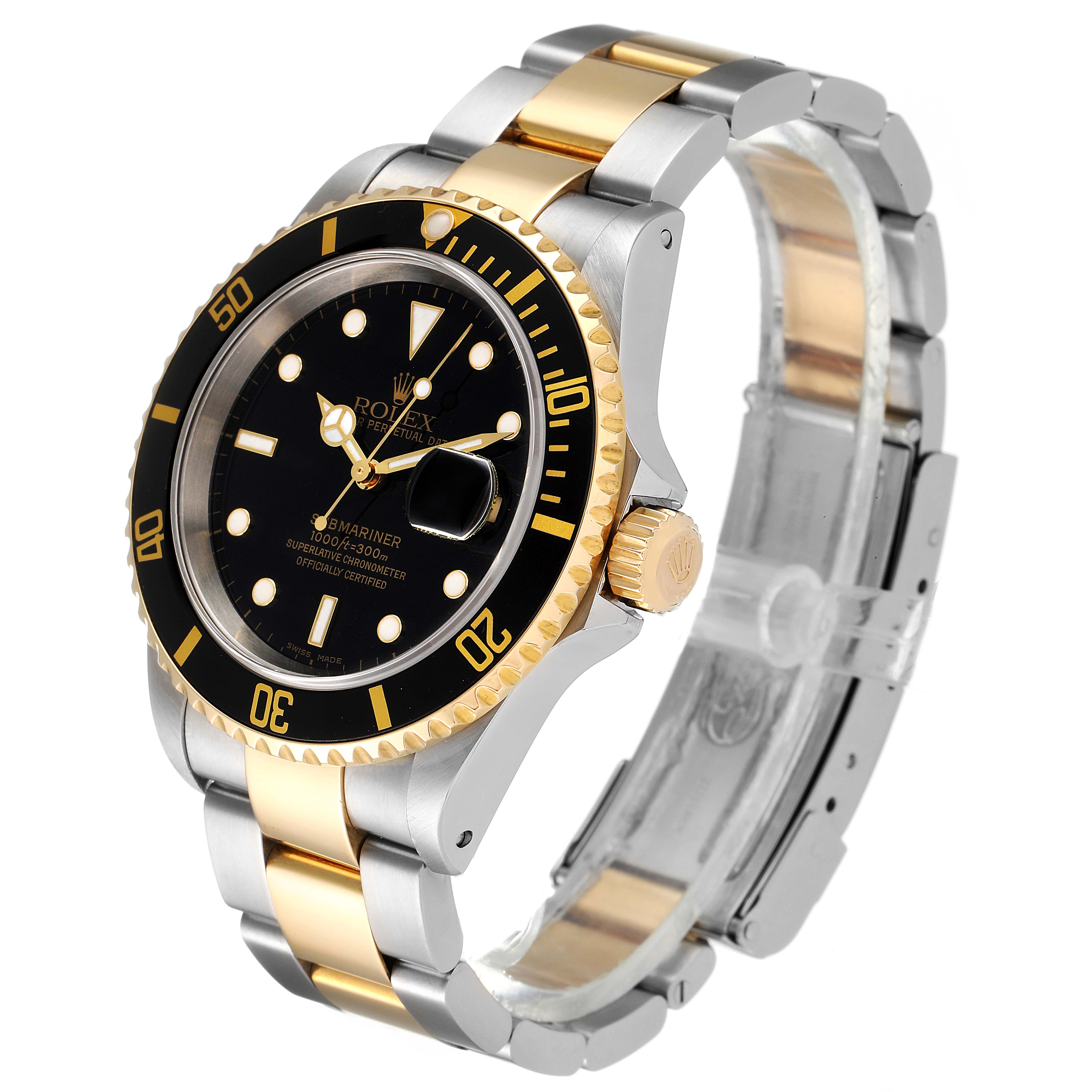 This image shows a Rolex Submariner 16613 Men's Steel and Gold (two tone) Black Dial 16613 Men's Steel and Gold (two tone) Black Dial watch at an angled view, highlighting its black dial, gold bezel, and two-tone bracelet.