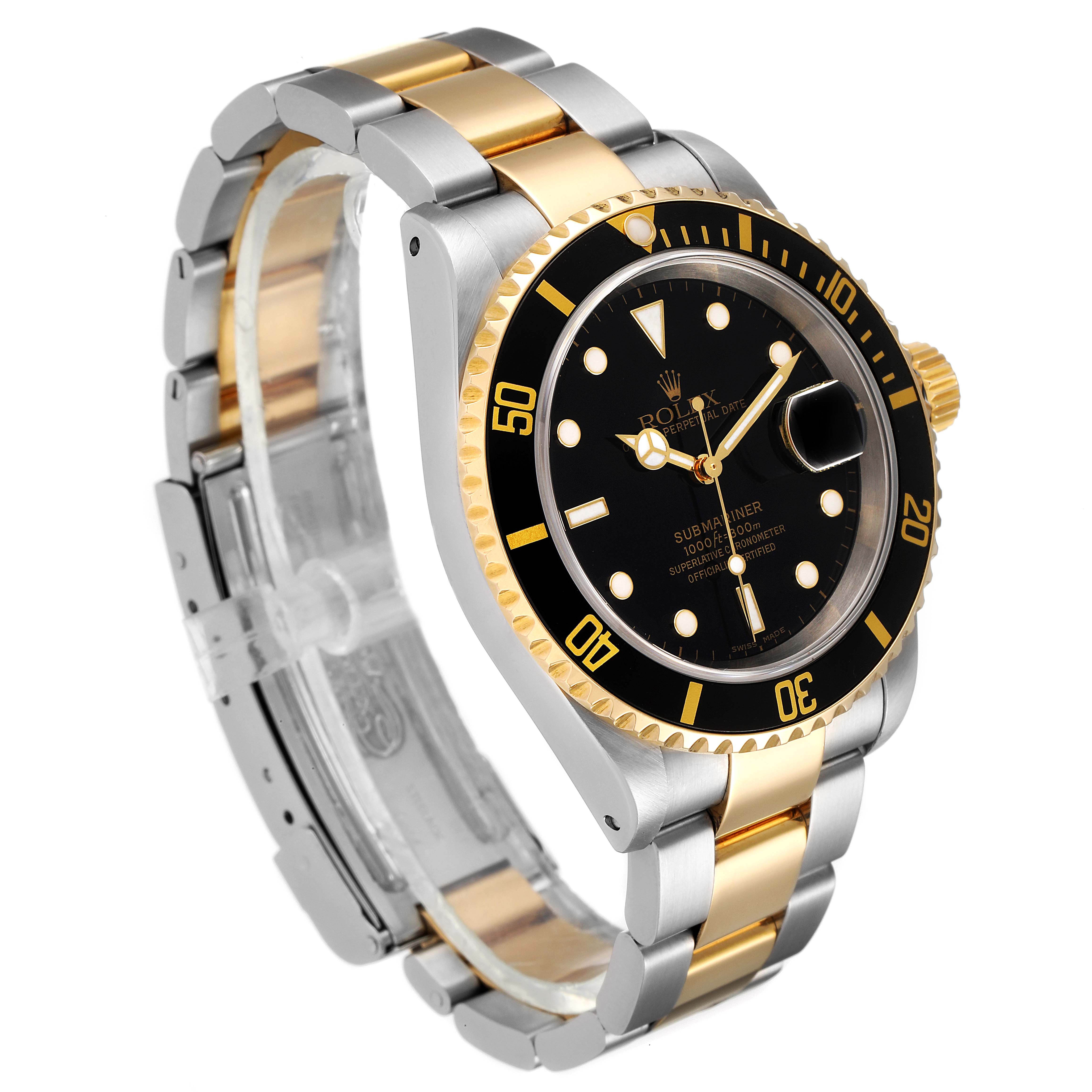 The Rolex Submariner 16613 Men's Steel and Gold (two tone) Black Dial 16613 Men's Steel and Gold (two tone) Black Dial watch is shown at a three-quarter angle, highlighting the bezel, dial, and bi-metal bracelet.