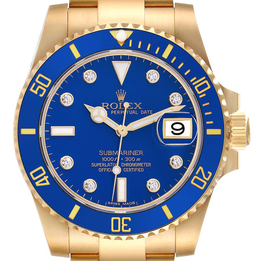 The image shows a front view of the Rolex Submariner, highlighting the bezel, dial, and crown.