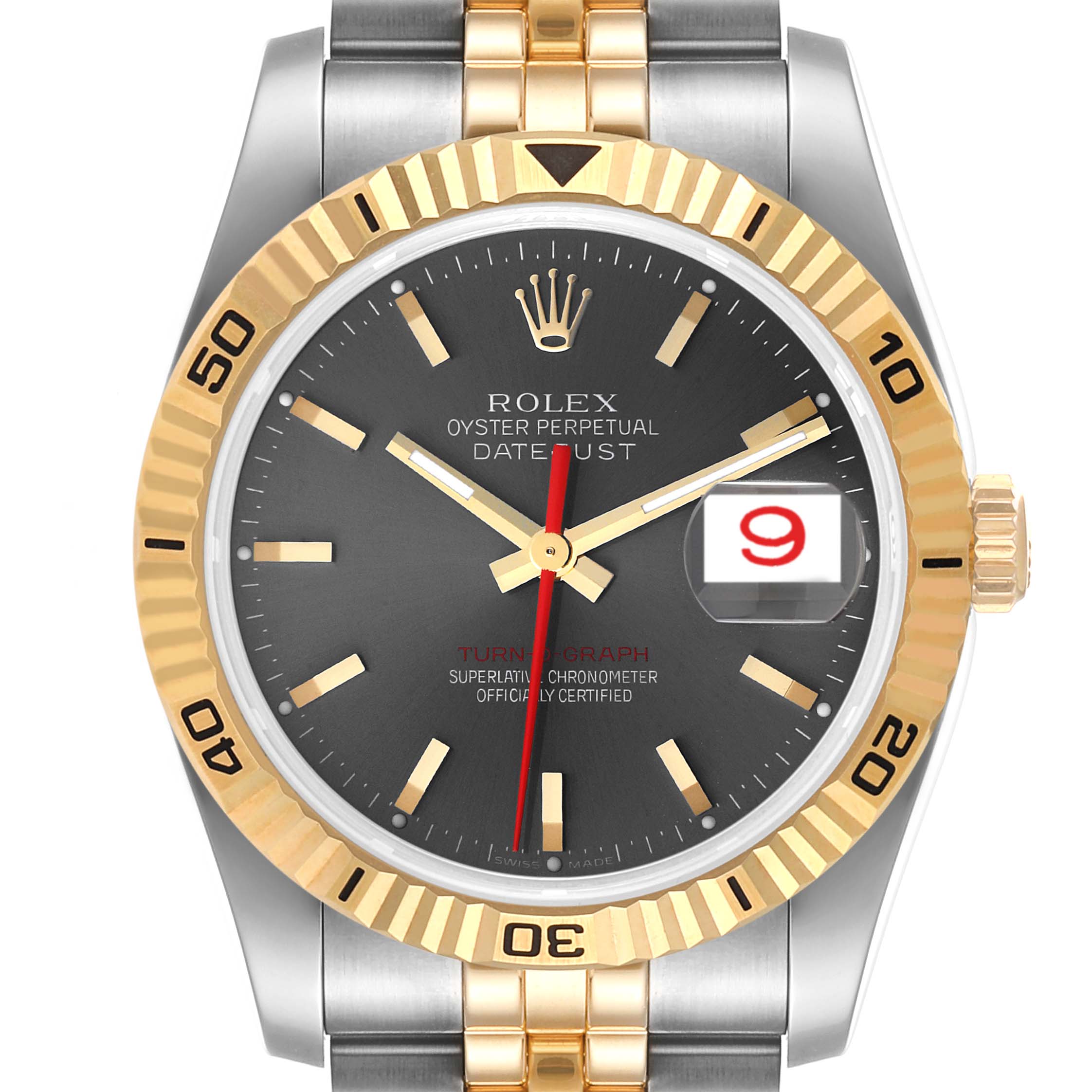 The image shows a front view of a Rolex Turn-o-Graph 116263 Men
s Steel and Gold (two tone) Grey Dial 116263 Men
s Steel and Gold (two tone) Grey Dial watch, highlighting its dial, gold fluted bezel, crown, and part of the bracelet.
