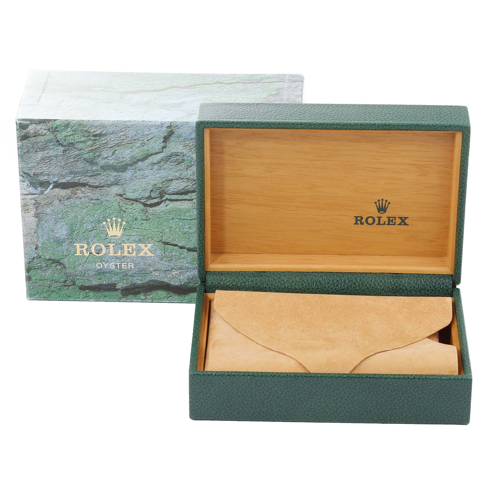 The image shows a Rolex box for the Turn-o-Graph model, including an outer box, an open inner box, and a suede pouch.