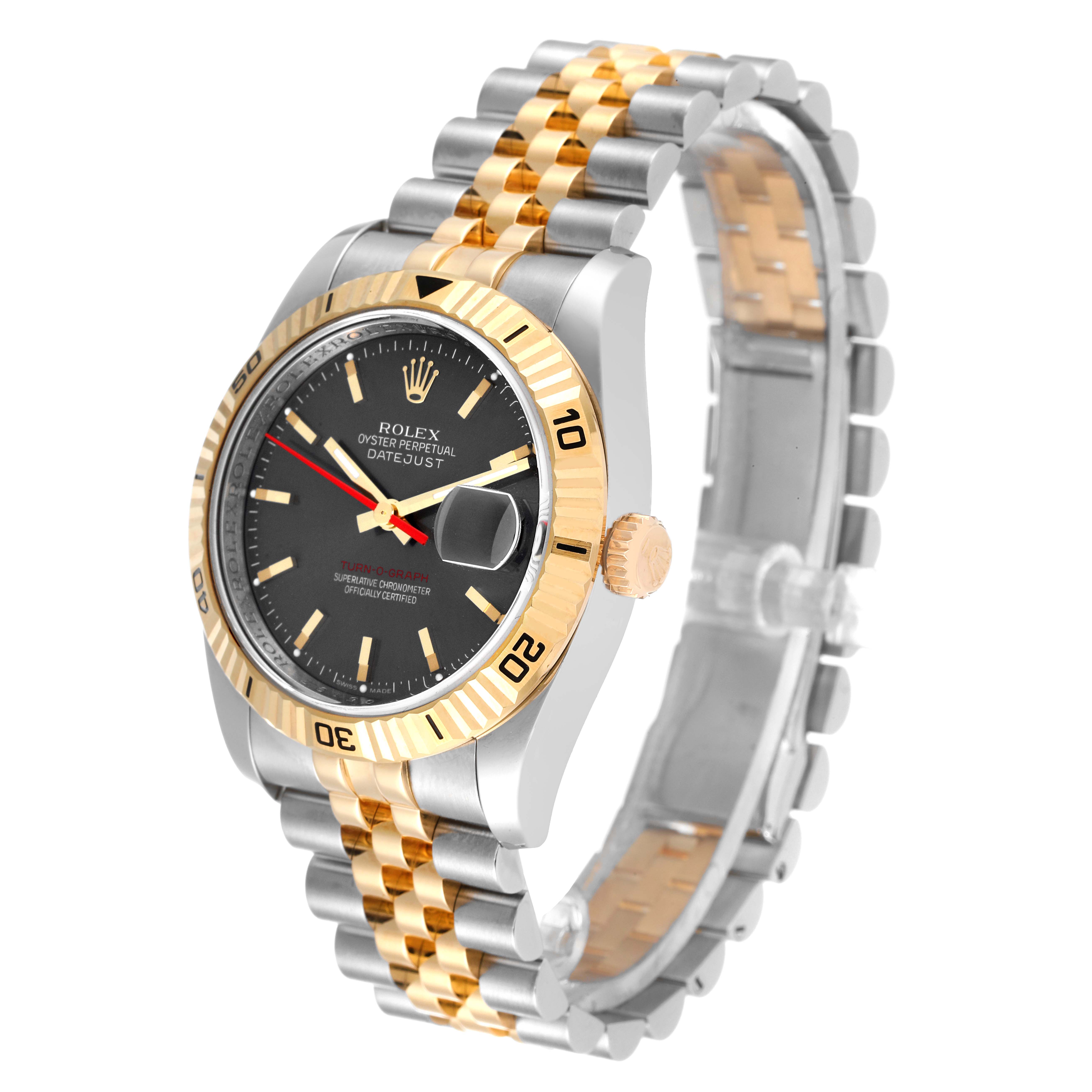 The Rolex Turn-o-Graph 116263 Men
s Steel and Gold (two tone) Grey Dial 116263 Men
s Steel and Gold (two tone) Grey Dial watch is shown at an angle that displays its face, bezel, crown, and part of the bracelet.