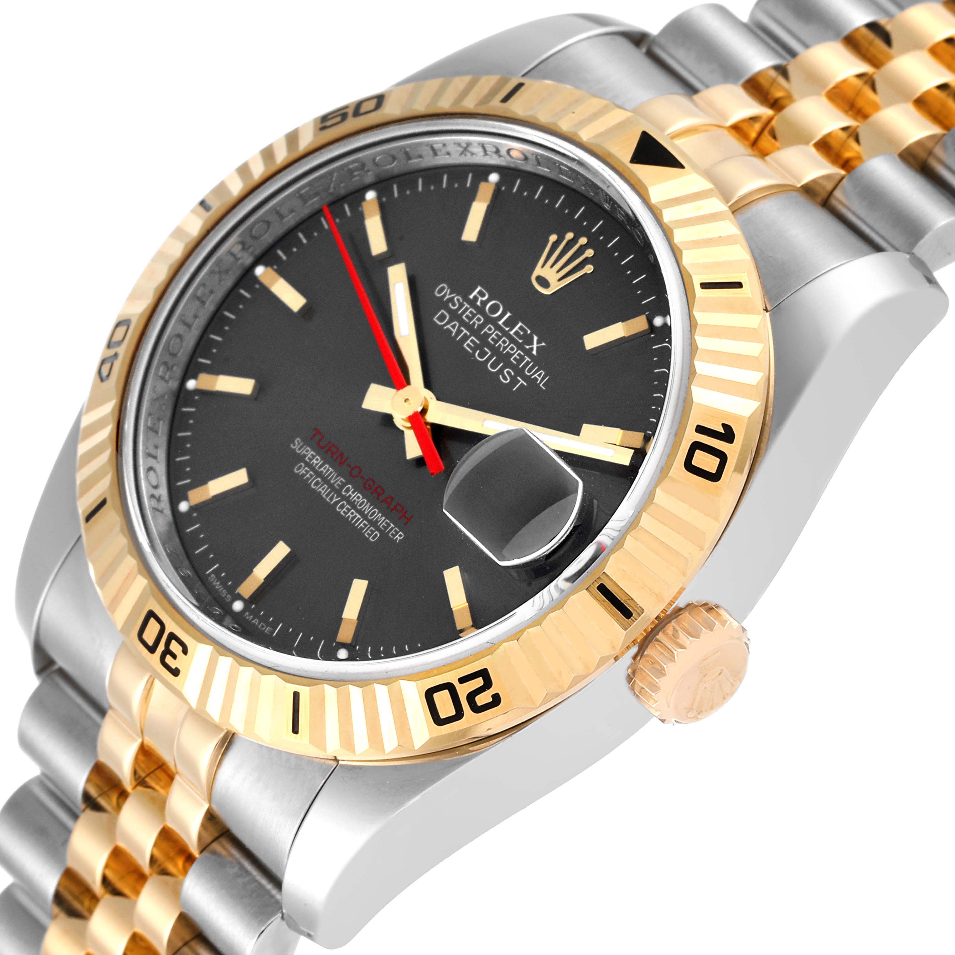 The image shows a close-up of a Rolex Turn-o-Graph 116263 Men
s Steel and Gold (two tone) Grey Dial 116263 Men
s Steel and Gold (two tone) Grey Dial watch viewed from an angle, highlighting its face, bezel, and part of the bracelet.
