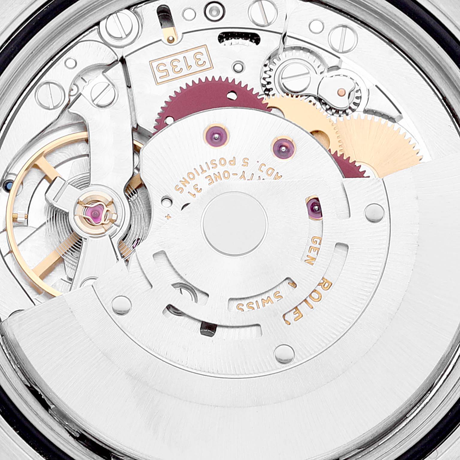 This image shows a close-up of the movement mechanism in a Rolex Turn-o-Graph 116263 Men
s Steel and Gold (two tone) Grey Dial 116263 Men
s Steel and Gold (two tone) Grey Dial watch.