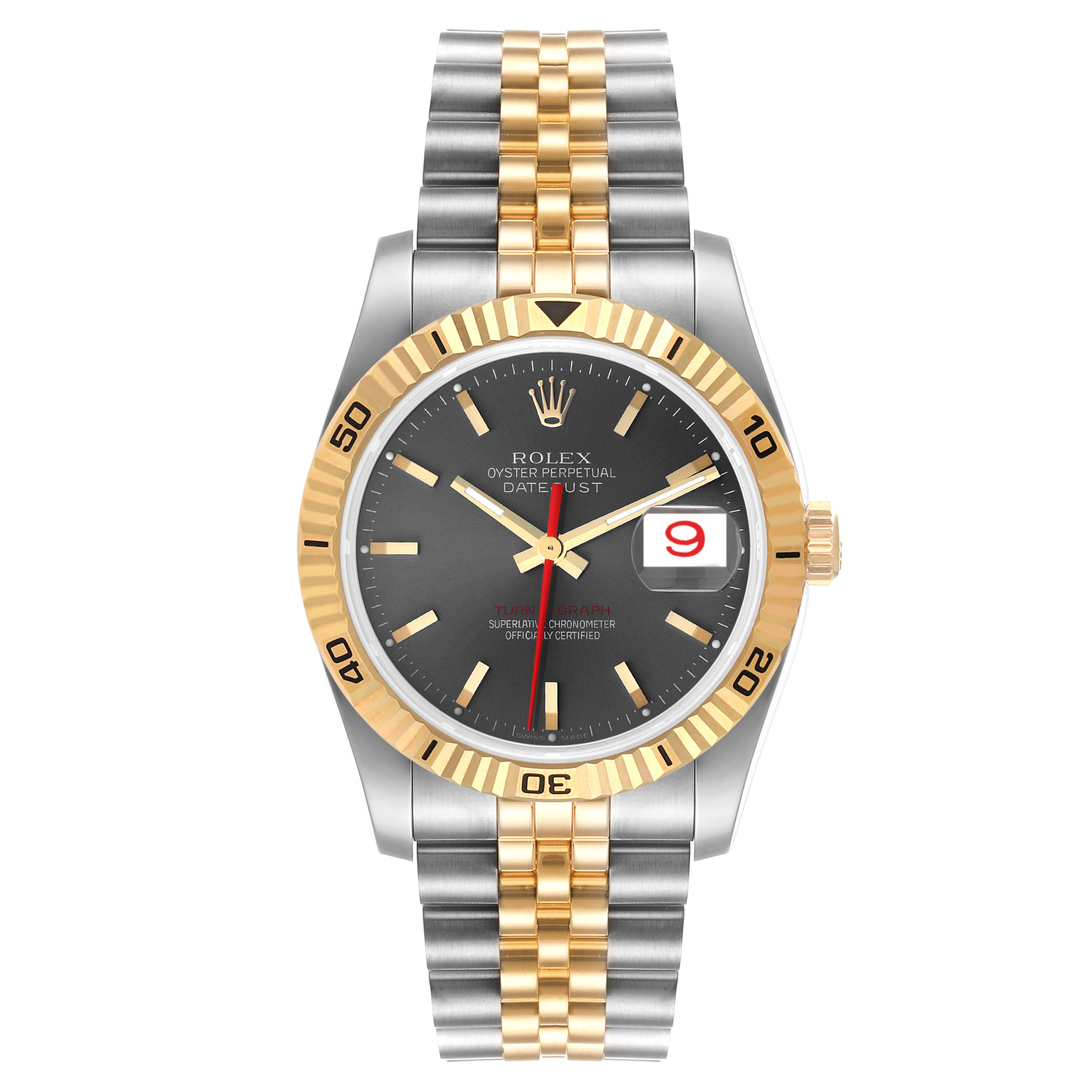The image shows a frontal view of the Rolex Turn-o-Graph 116263 Men
s Steel and Gold (two tone) Grey Dial 116263 Men
s Steel and Gold (two tone) Grey Dial watch, highlighting its bezel, dial, and two-tone bracelet.